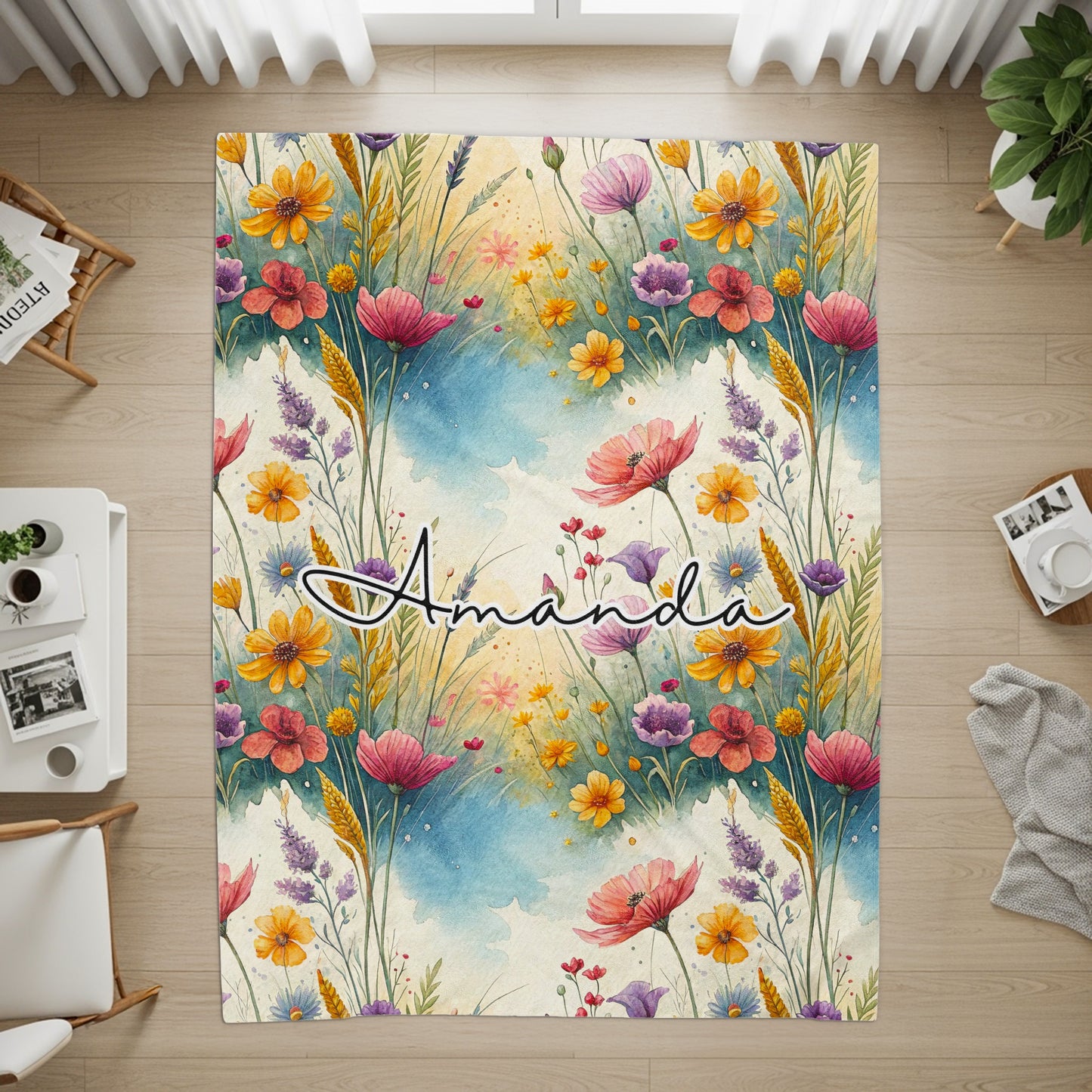 Personalized Amanda Floral Design Rug with Custom Name