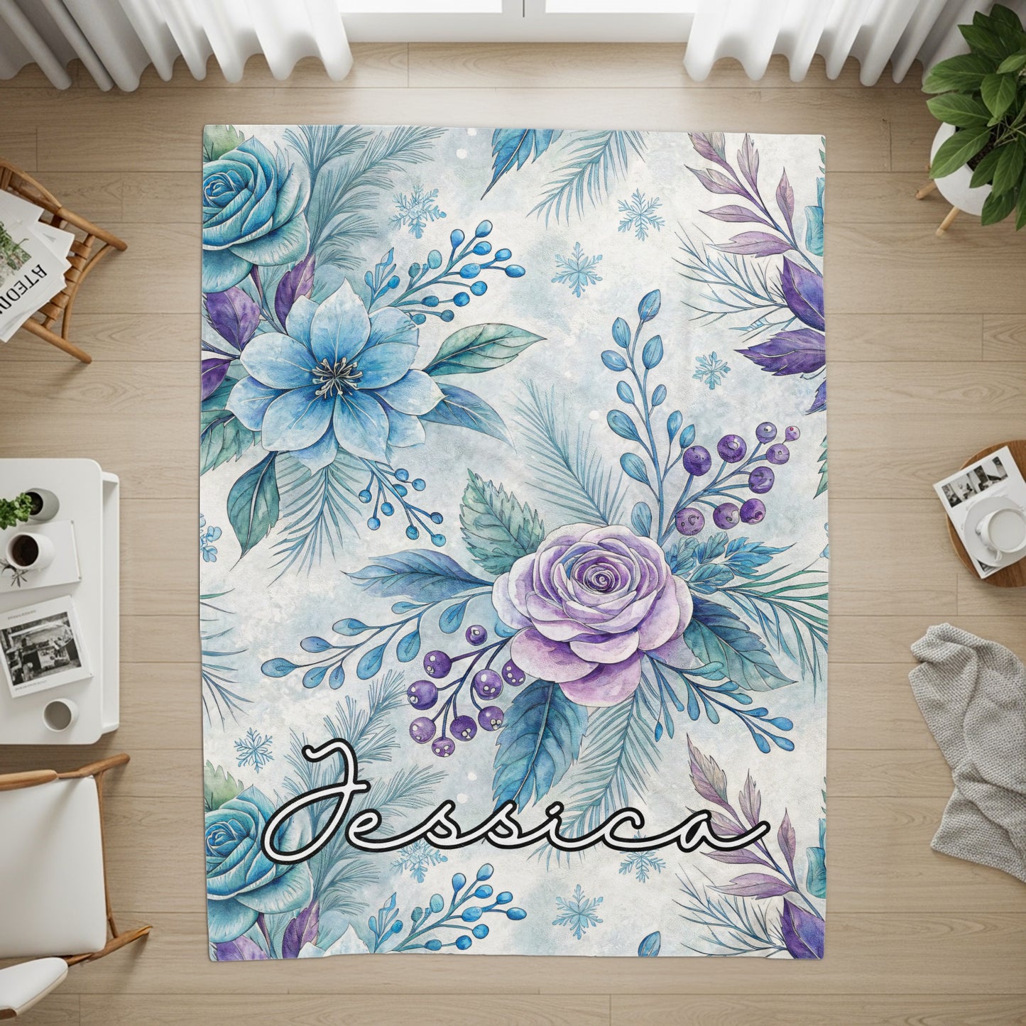 Customized Floral Design Area Rug with Name Jessica