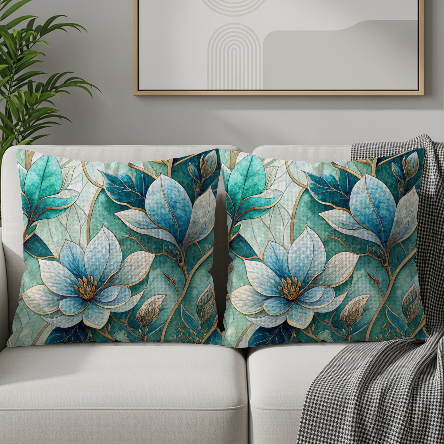 Teal Blue Botanical Magnolias Floral Pattern Throw Pillows - Walk Greener