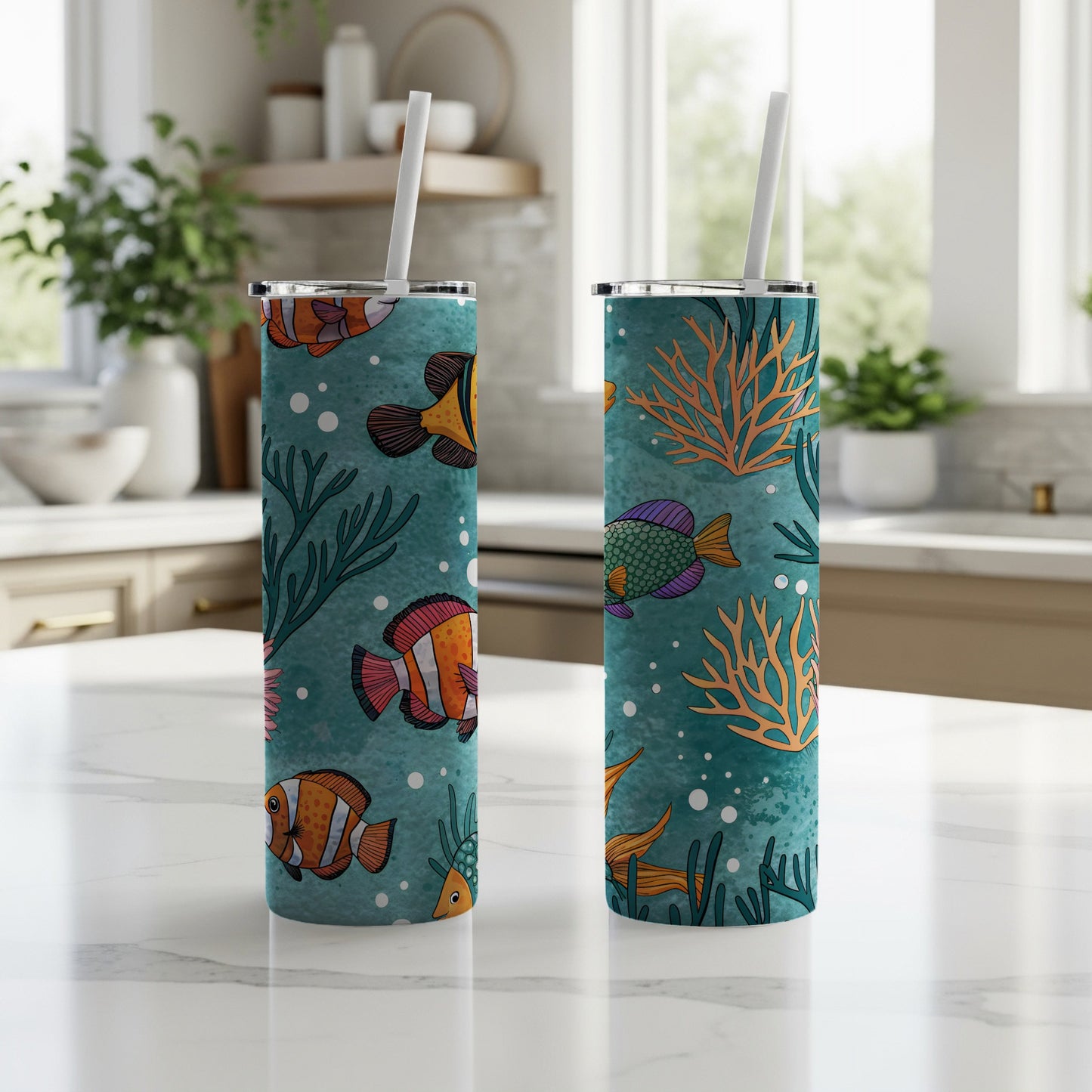 Colorful Ocean-Themed Insulated Tumbler With Straw