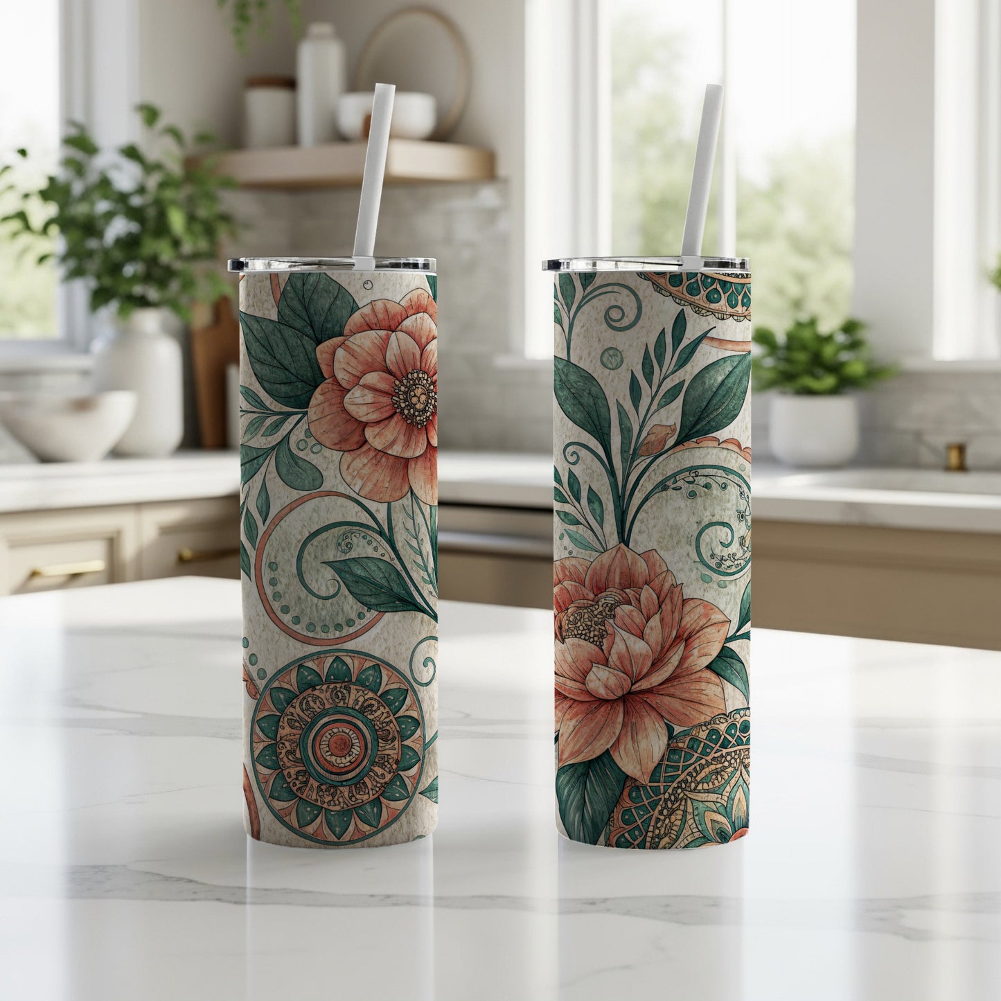 Floral Delight Bohemian Styled 20 oz Skinny Tumbler - Walk Greener