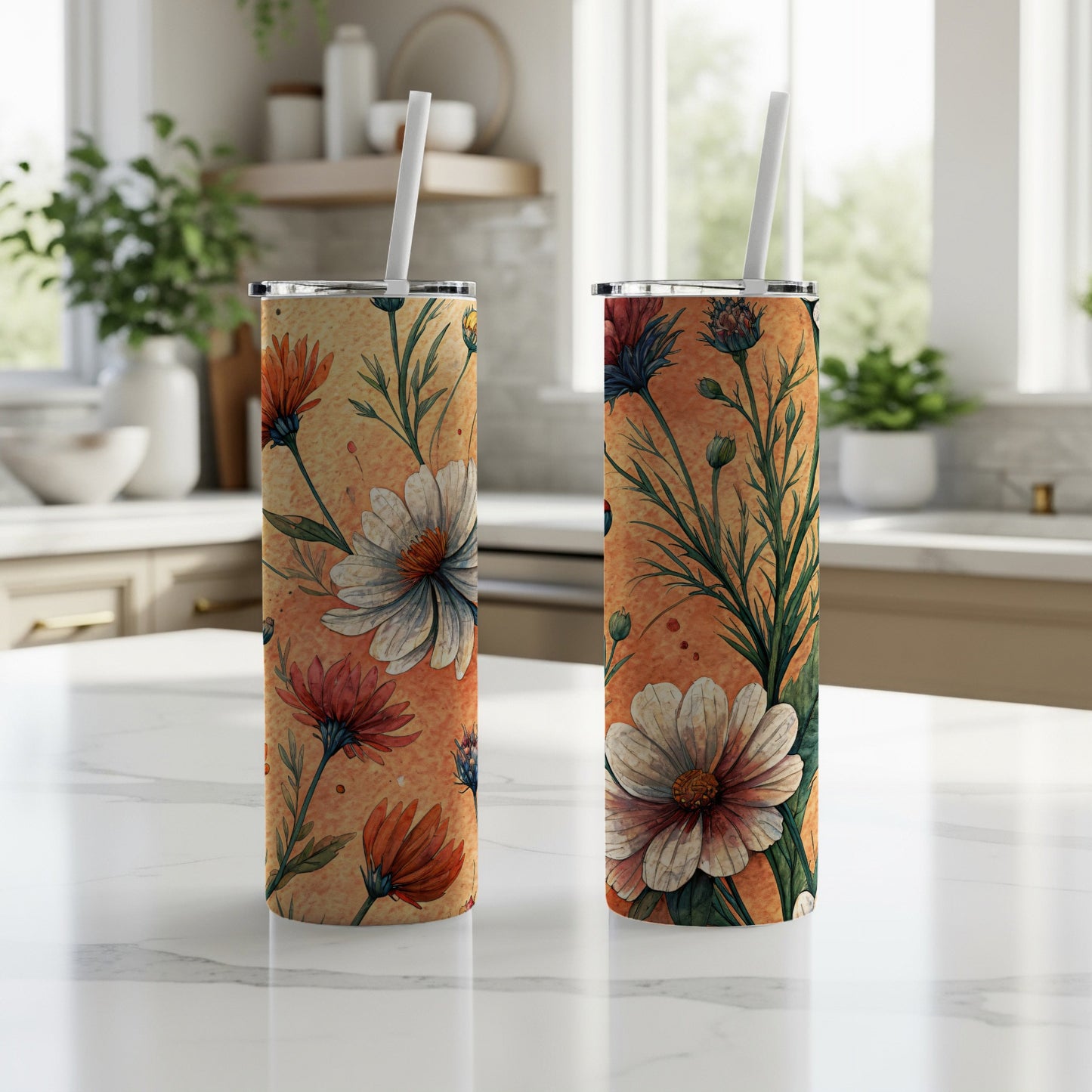 Floral Watercolor Design Orange White Red 20 oz Skinny Tumbler - Walk Greener