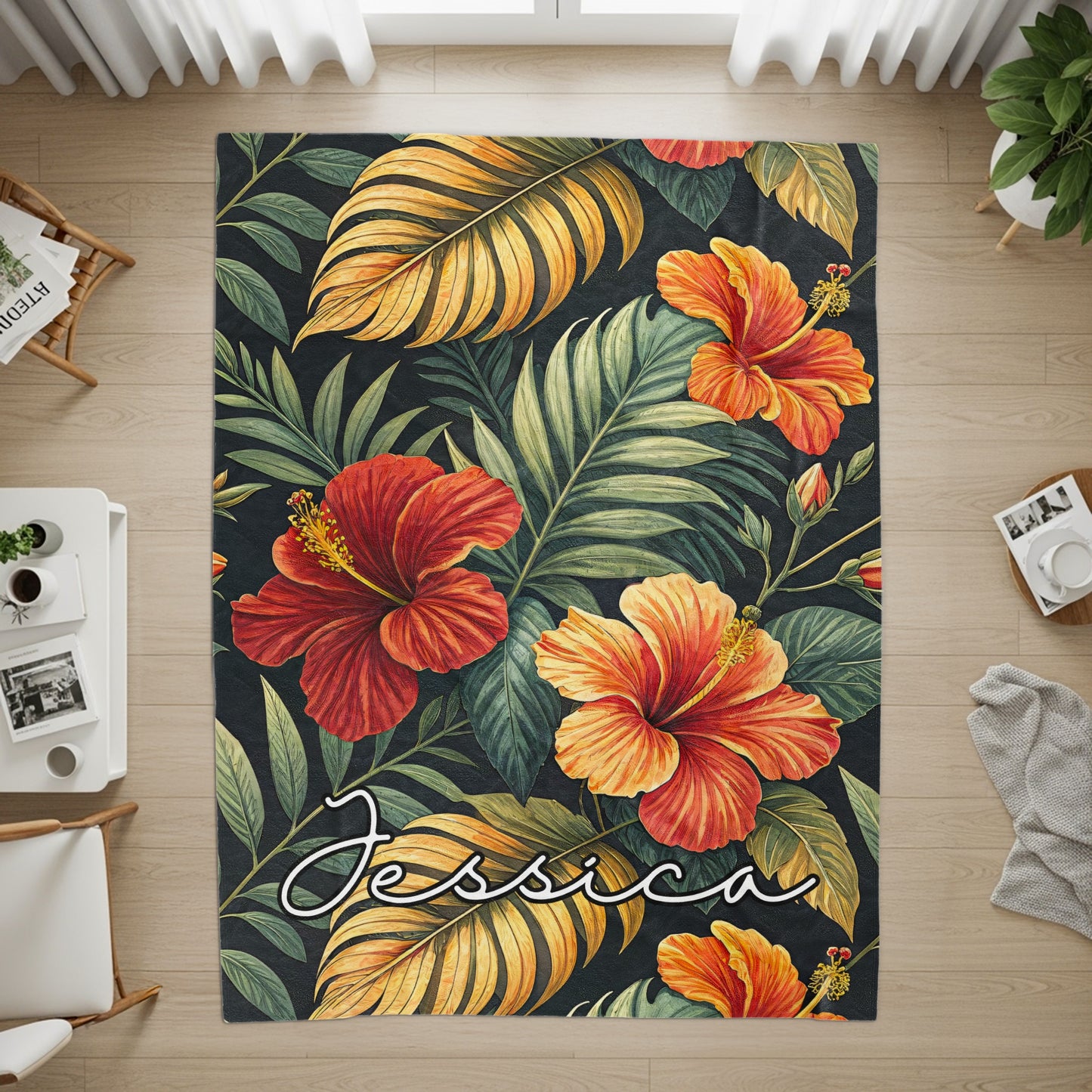 Custom Tropical Hibiscus Design Floor Rug