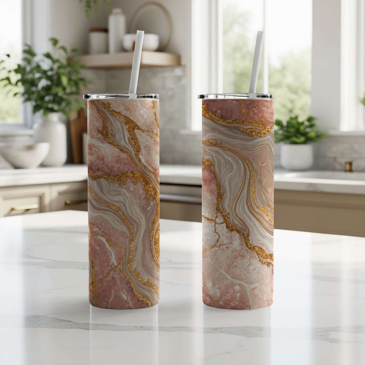 Elegant Pink Marble Gold Accent Tumbler Cup