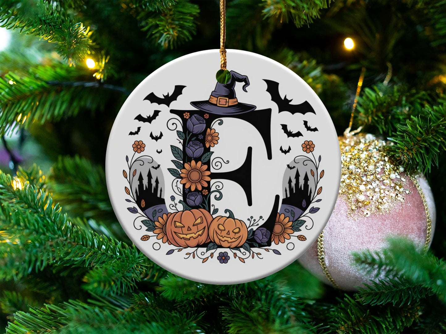 Halloween Pumpkins and Bats Monogram Ornament product