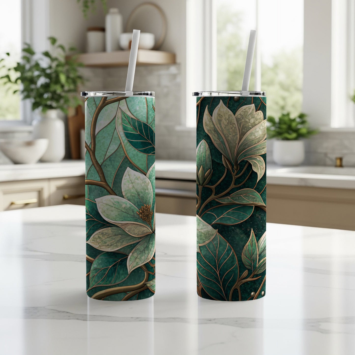 Floral Fantasy With Emerald Leaves and Ivory Flowers 20 oz Skinny Tumbler - Walk Greener