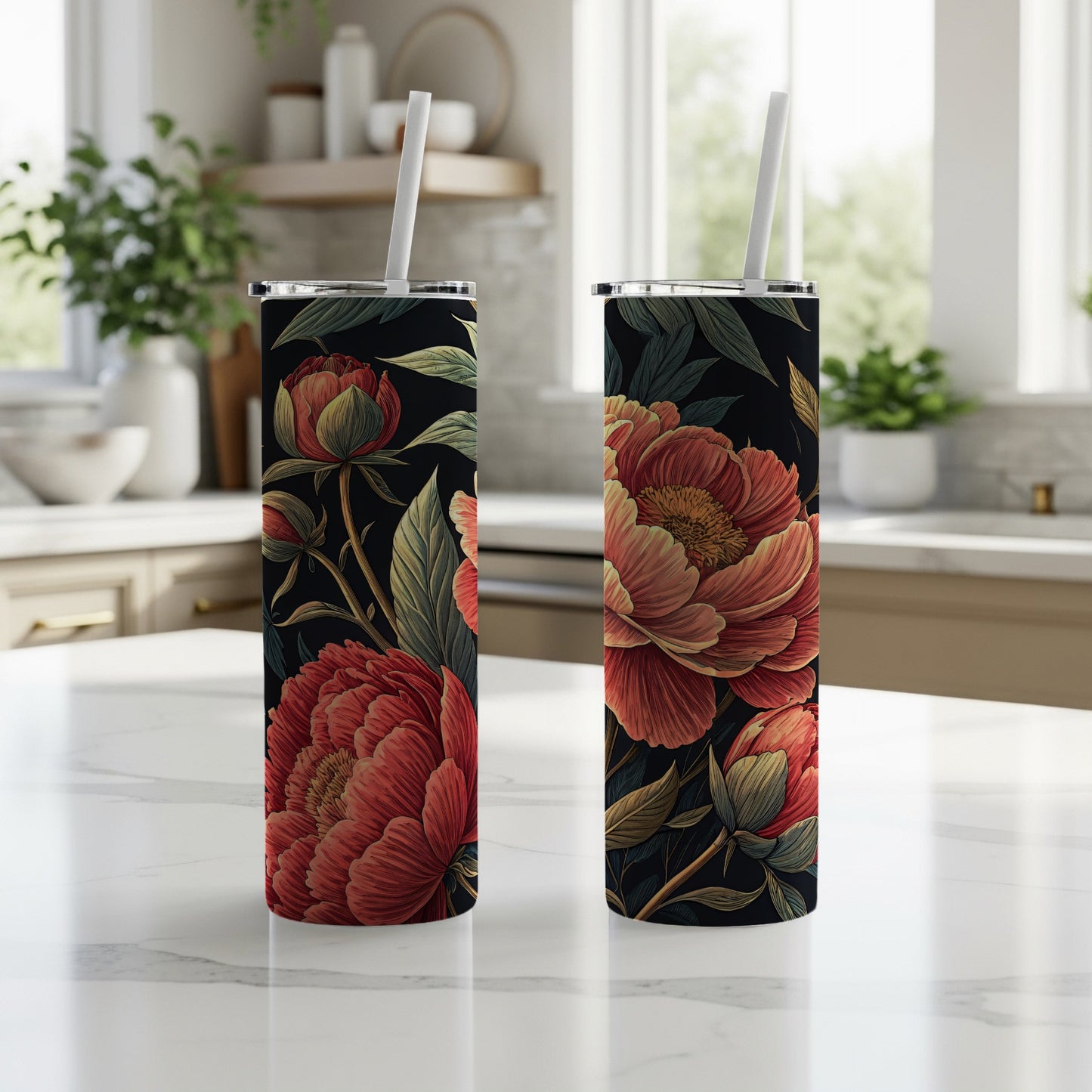 Floral Design Tumblers with Straw for Beverages