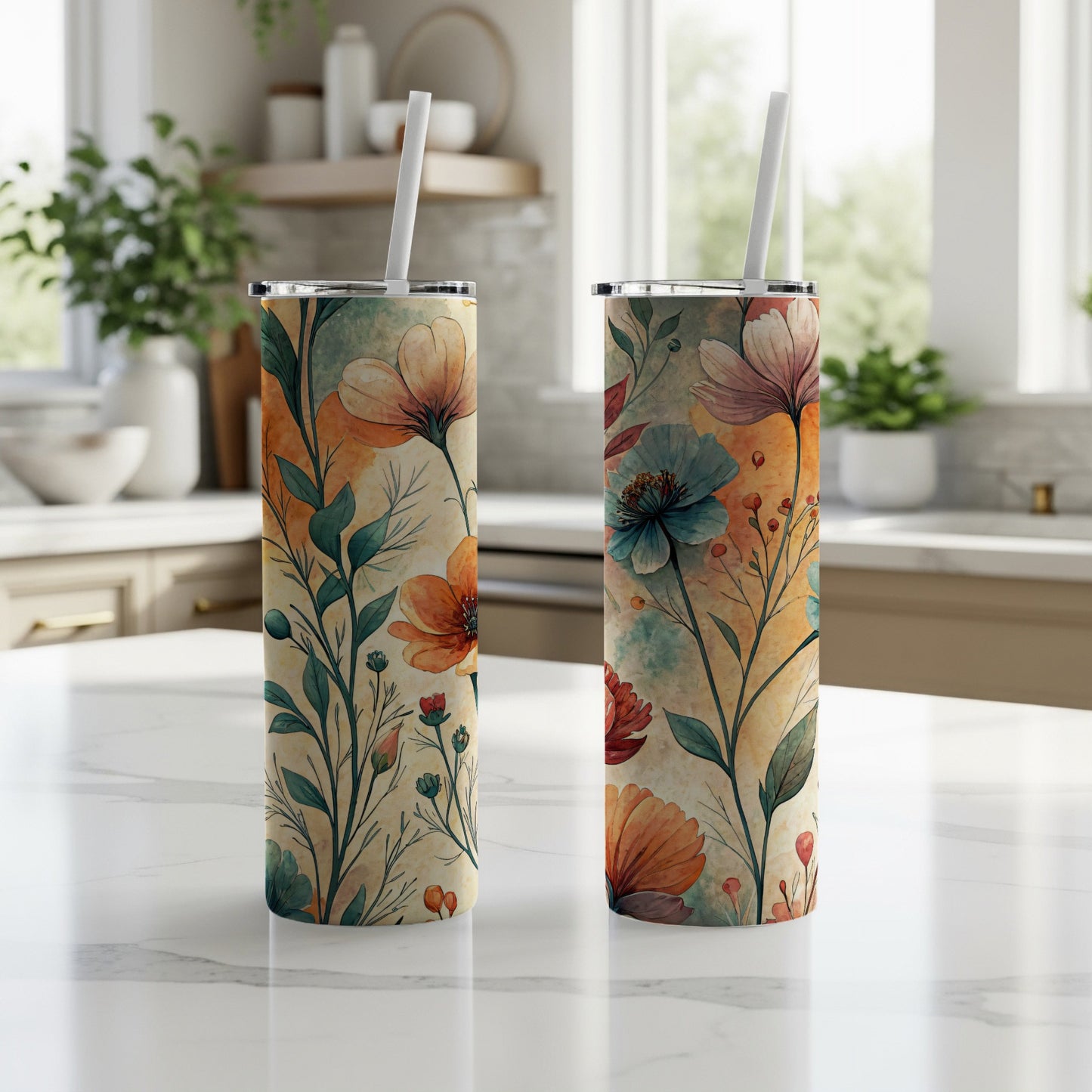 Watercolor Floral Pattern Botanical 20 oz Skinny Tumbler - Walk Greener