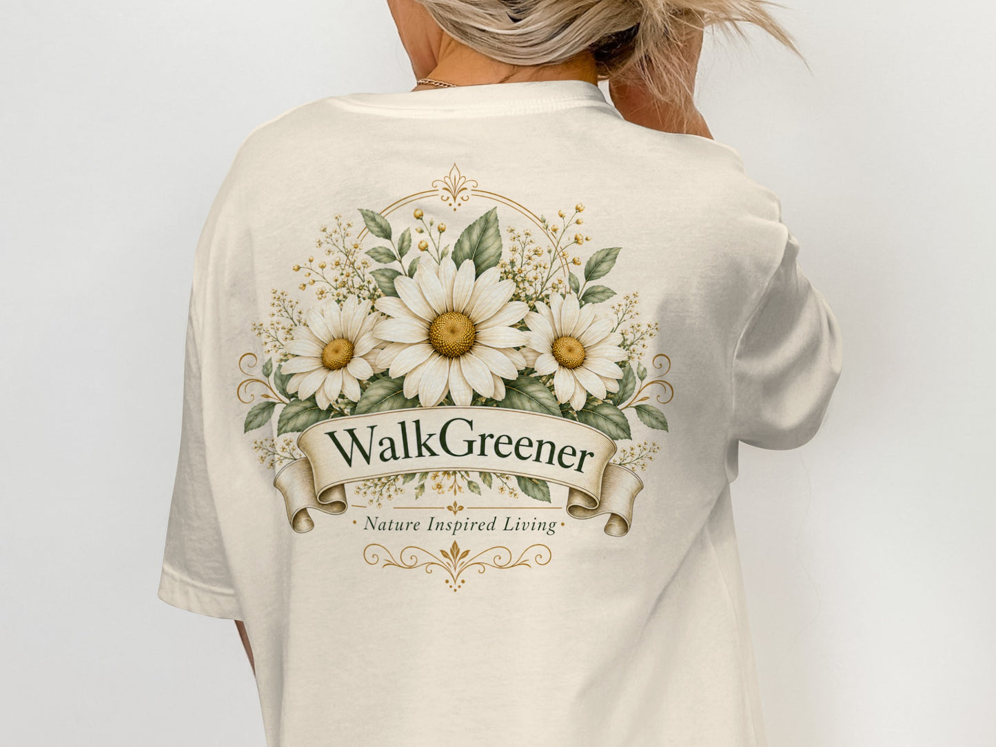 Cream t-shirt with floral design and "WalkGreener Nature Inspired Living" text.
