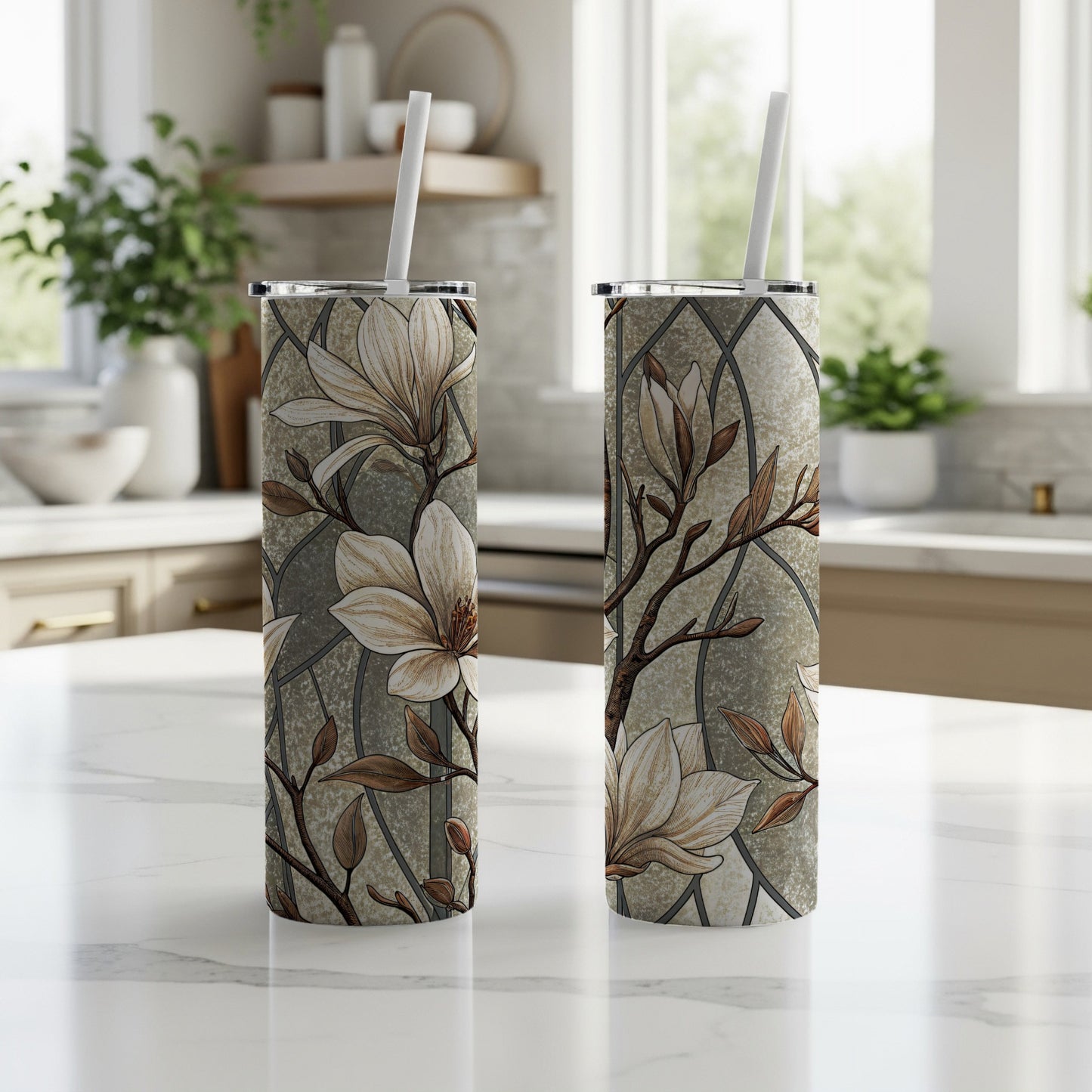Magnolia Floral Design on Mosaic Background 20 oz Skinny Tumbler - Walk Greener
