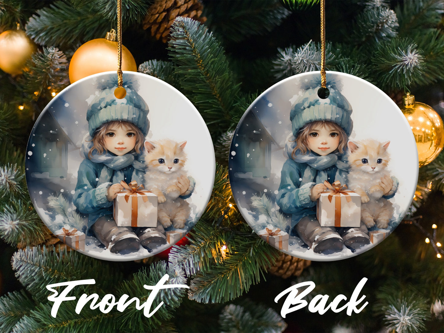Cute Winter Girl With Kitten on Christmas Ornament product type