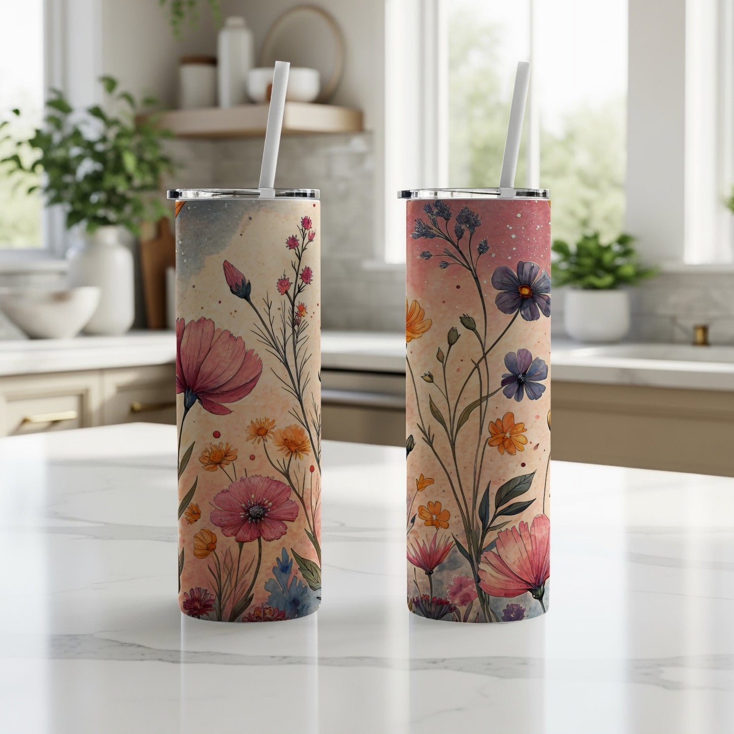 Watercolor Flowers and Buds on Light Peach Backdrop 20 oz Skinny Tumbler - Walk Greener