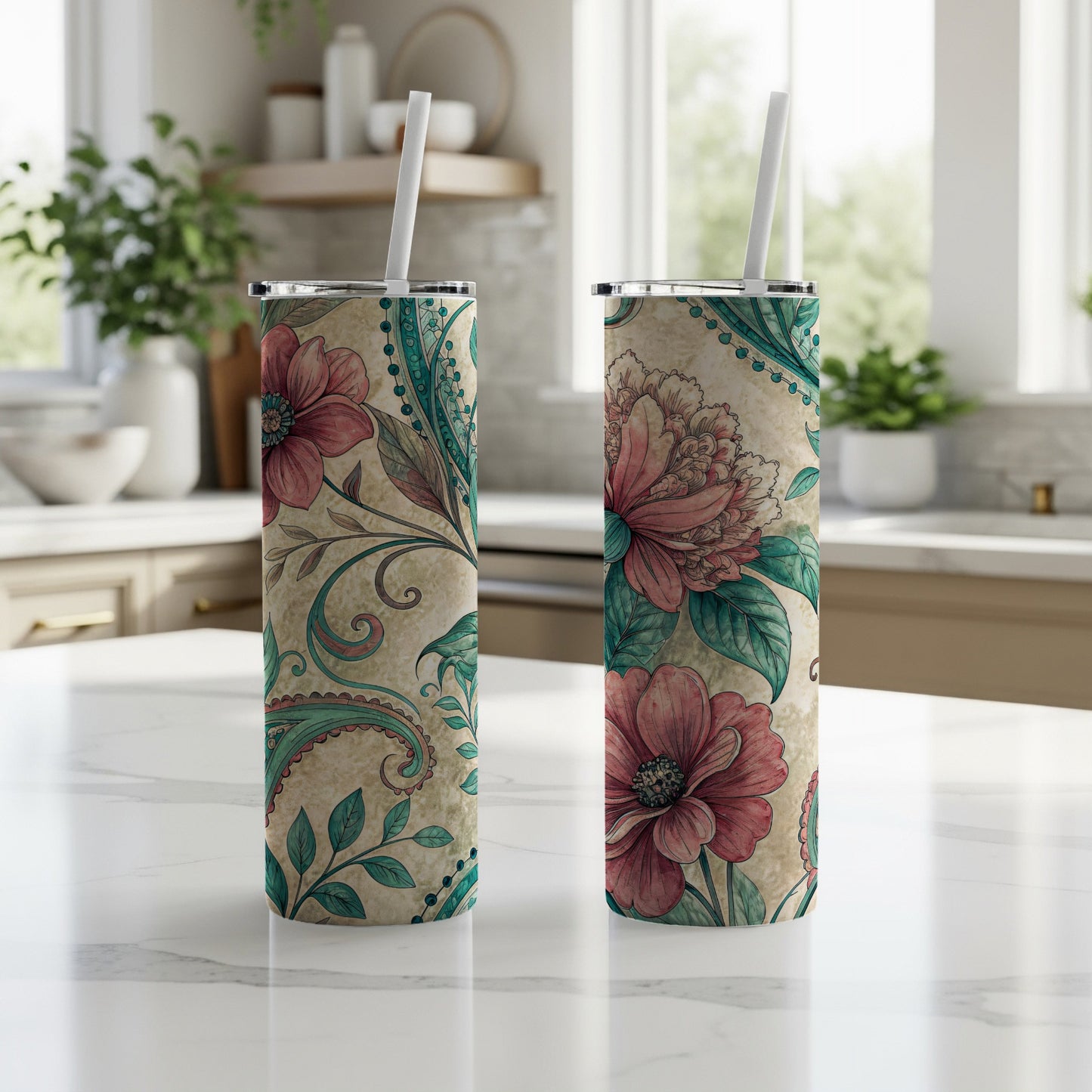 Floral Turquoise with Paisley Design 20 oz Skinny Tumbler - Walk Greener
