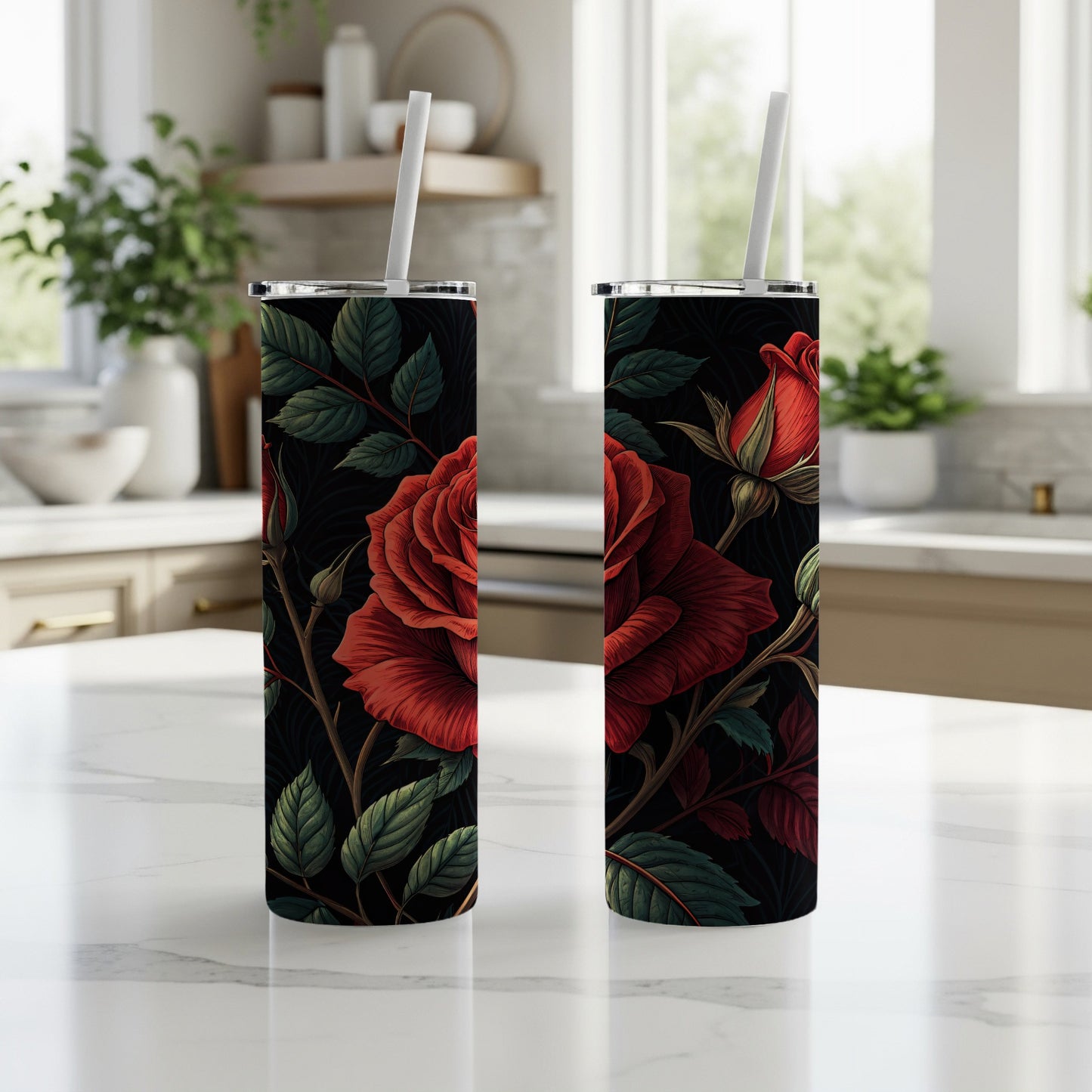 Elegant Black Tumbler with Red Rose Floral Design