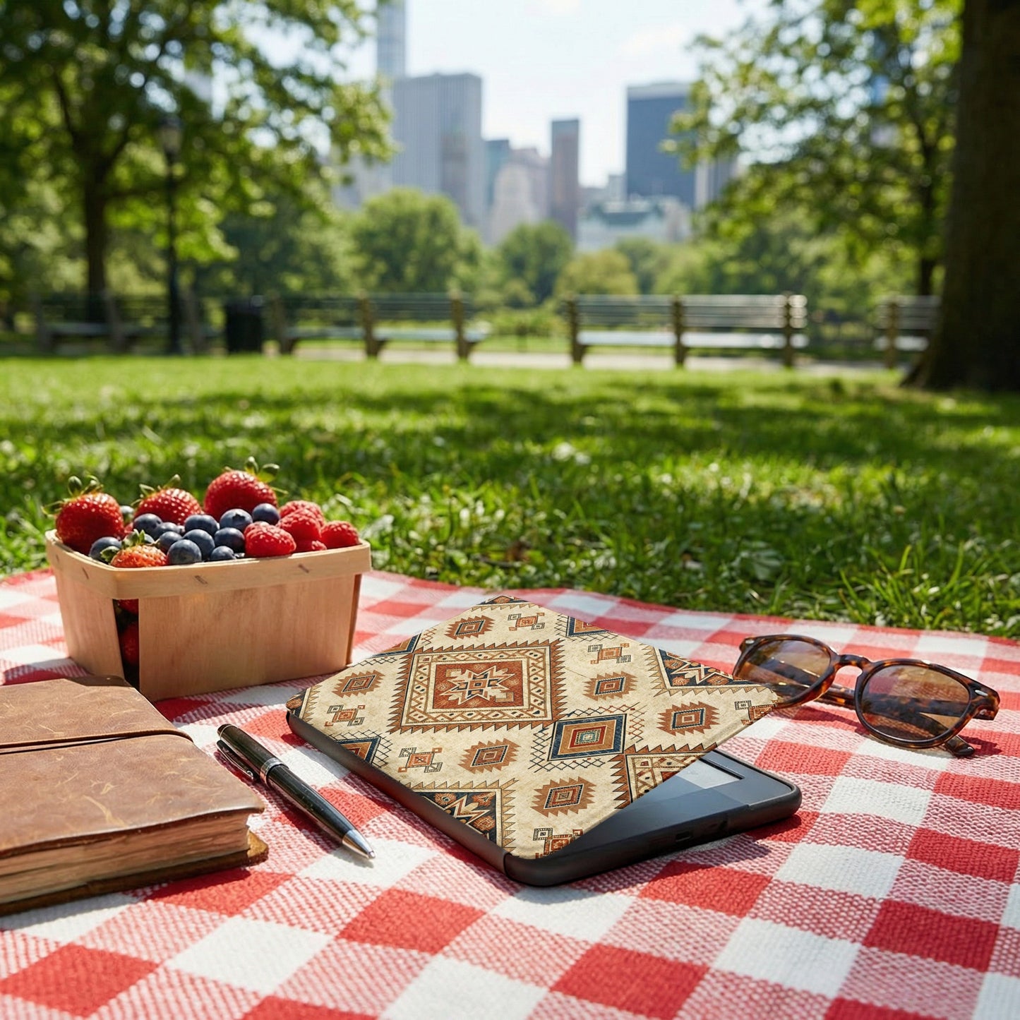 Aztec Pattern Tablet Sleeve with Picnic Scene Cover