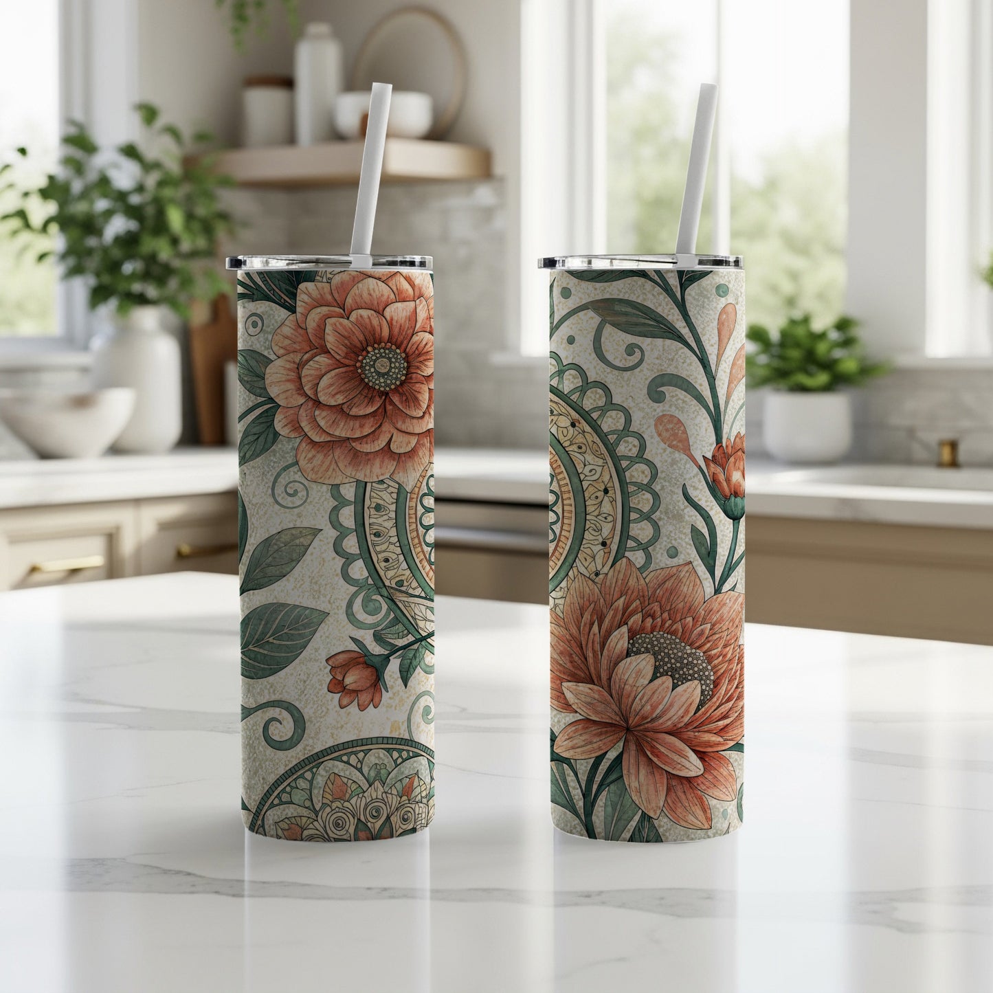 Floral Mandala Watercolor Design 20 oz Skinny Tumbler - Walk Greener
