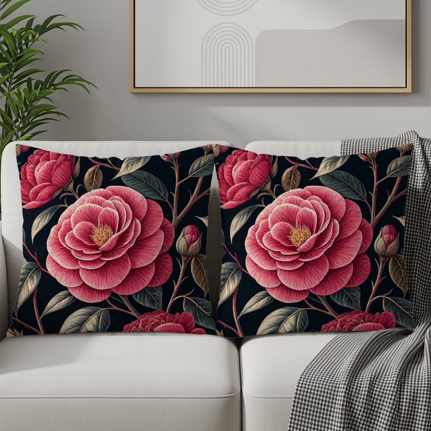 Elegant Pink Camellias Floral Arrangement Decorative Floral Throw Pillows - Walk Greener