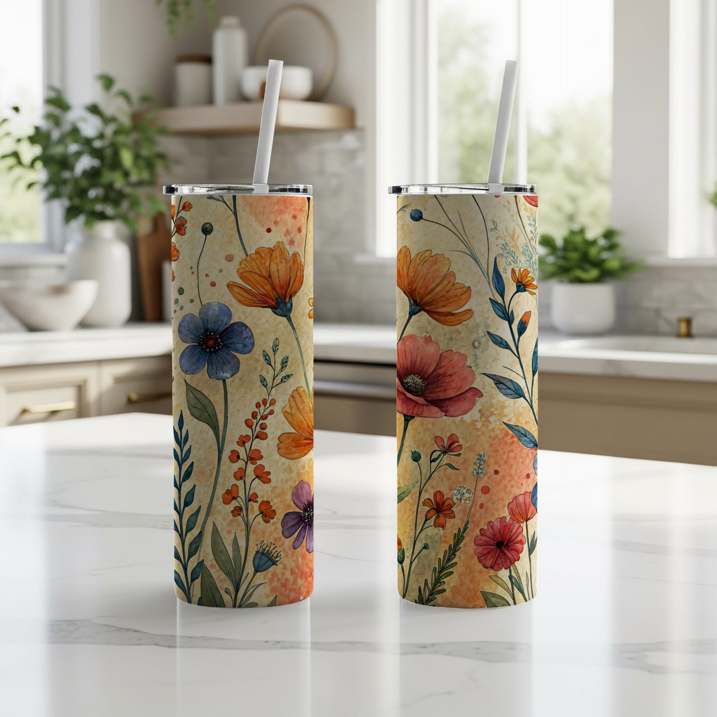 Watercolor Floral Design Colorful Flowers 20 oz Skinny Tumbler - Walk Greener
