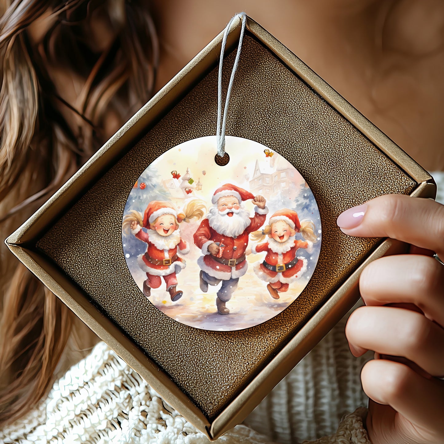 Santa Dancing with Elves Christmas Ornament product