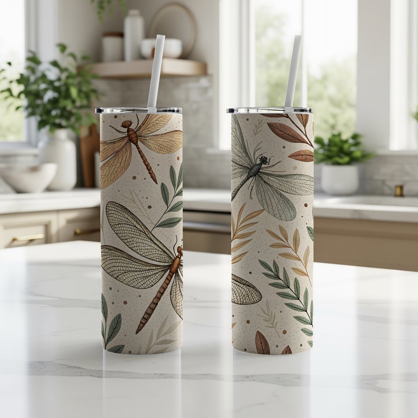 Dragonfly and Leaf Print Tall Reusable Drink Tumbler