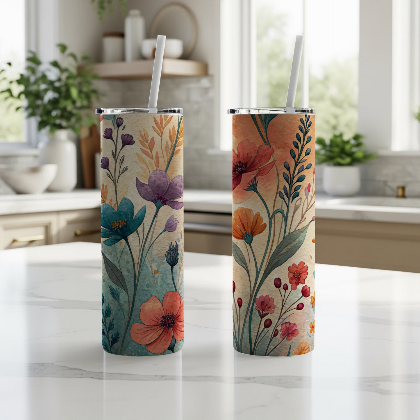 Watercolor Floral Painting Colorful Floral Design 20 oz Skinny Tumbler - Walk Greener