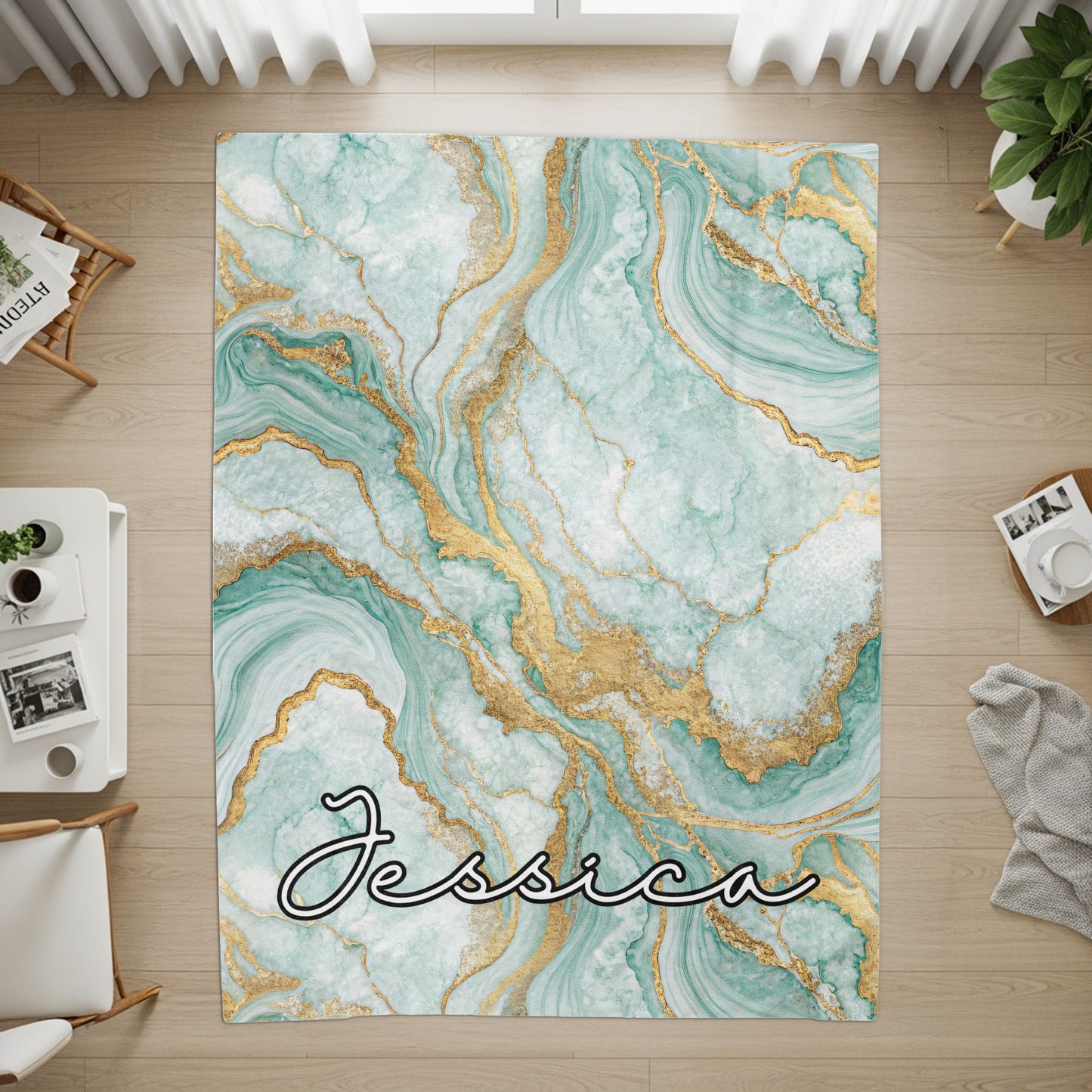 Personalized Blue and Gold Marble Art Area Rug