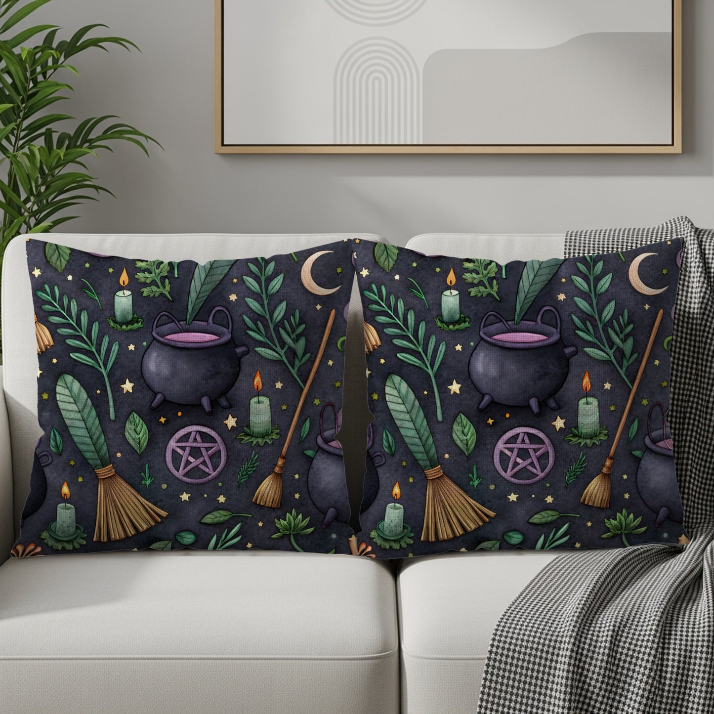 Witchcraft Pattern With Cauldron Moon Stars Pentagrams Throw Pillows - Walk Greener