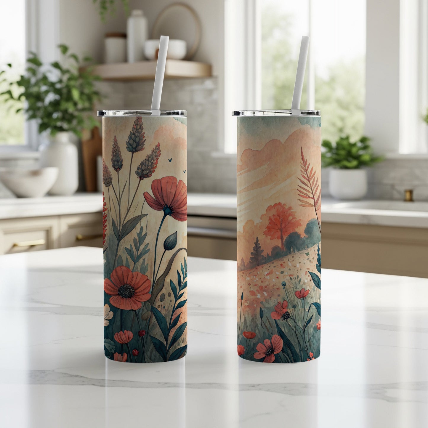 Floral Field in Watercolor Style 20 oz Skinny Tumbler - Walk Greener