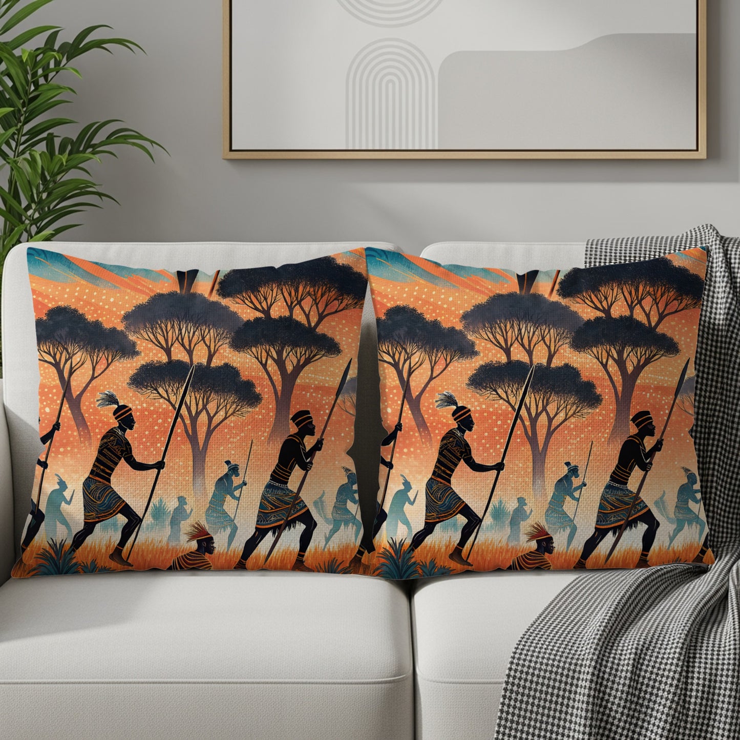 African Tribal Silhouette Sunset Scene Throw Pillow