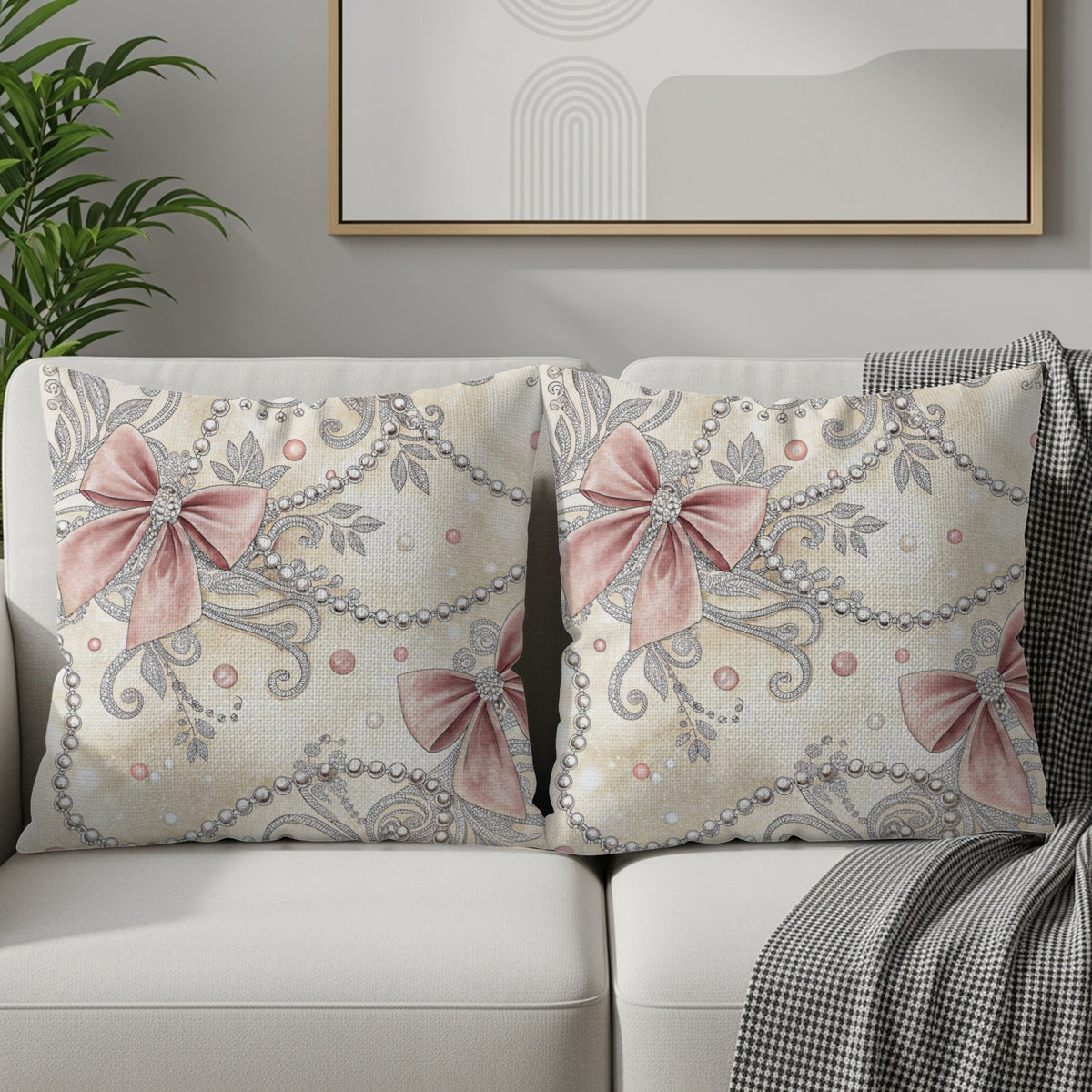 Elegant Bow and Pearls Pattern Throw Pillow Set