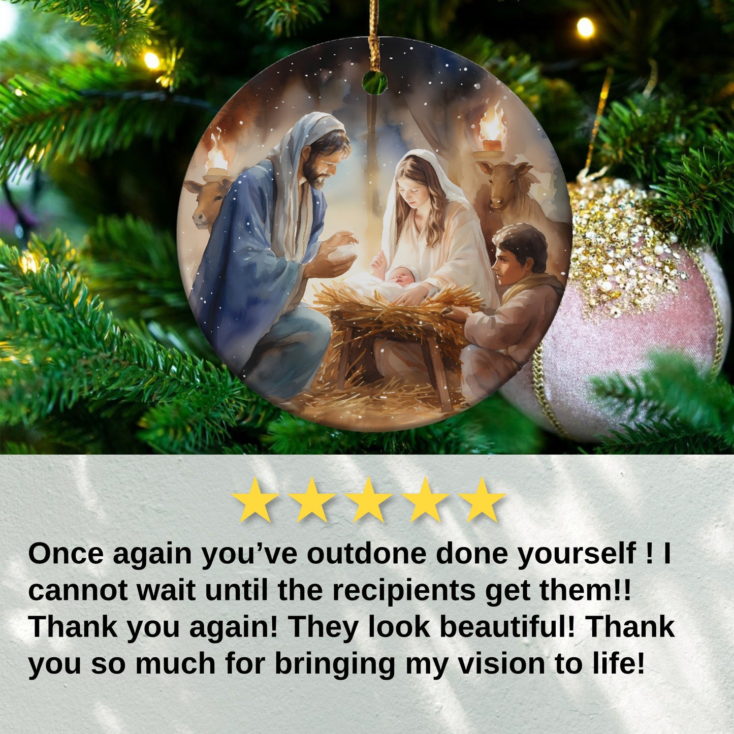 Nativity Scene of Jesus in Manger Watercolor Art Ornament