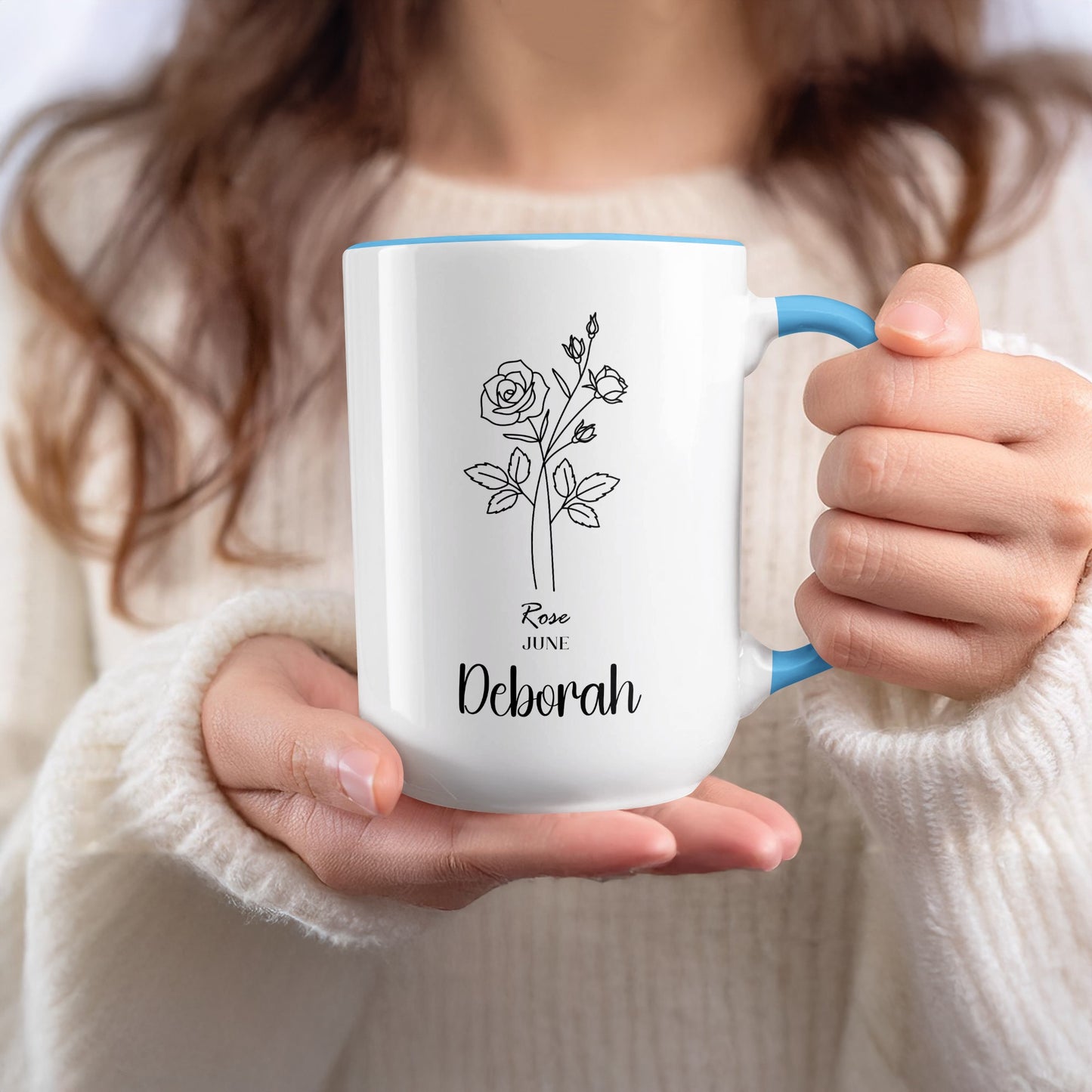 Personalized Rose June Deborah Mug with Blue Handle