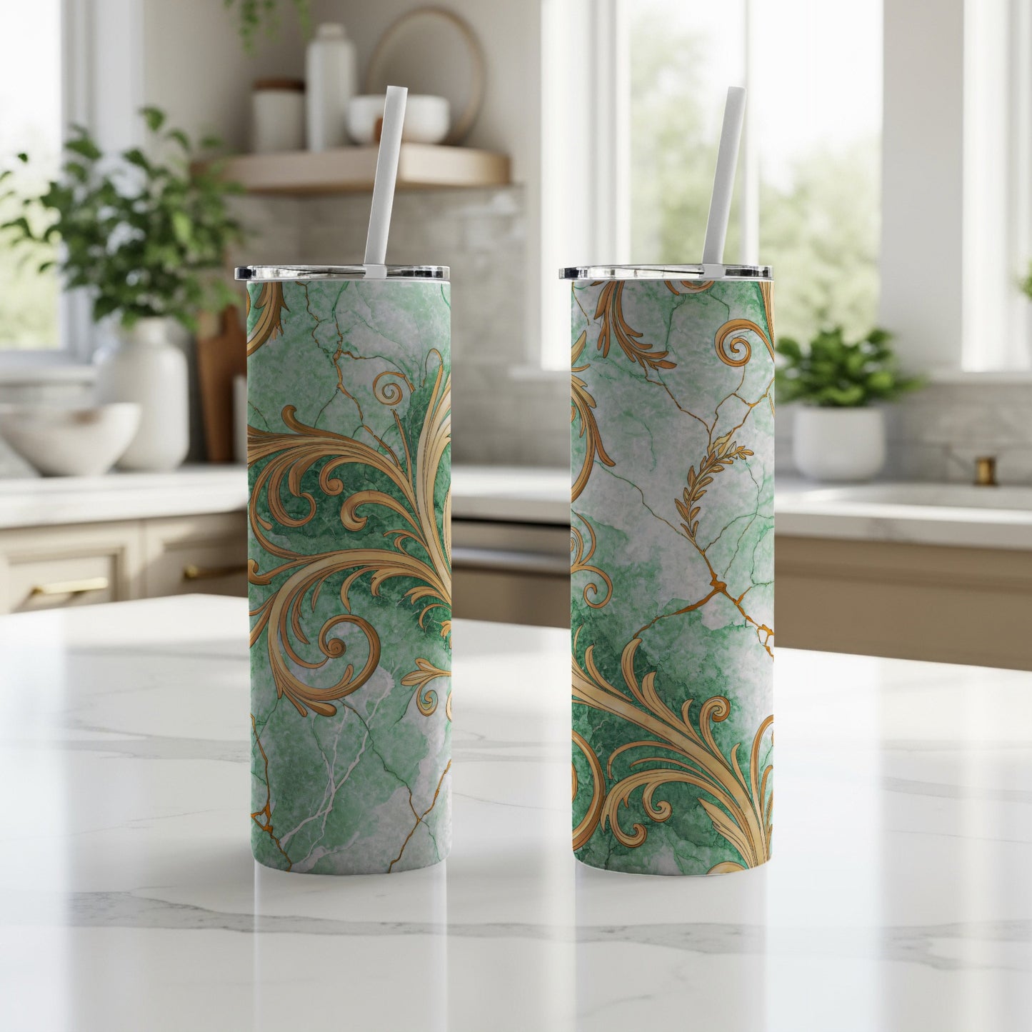 Elegant Green Marble Gold Leaf Pattern Tumbler with Straw