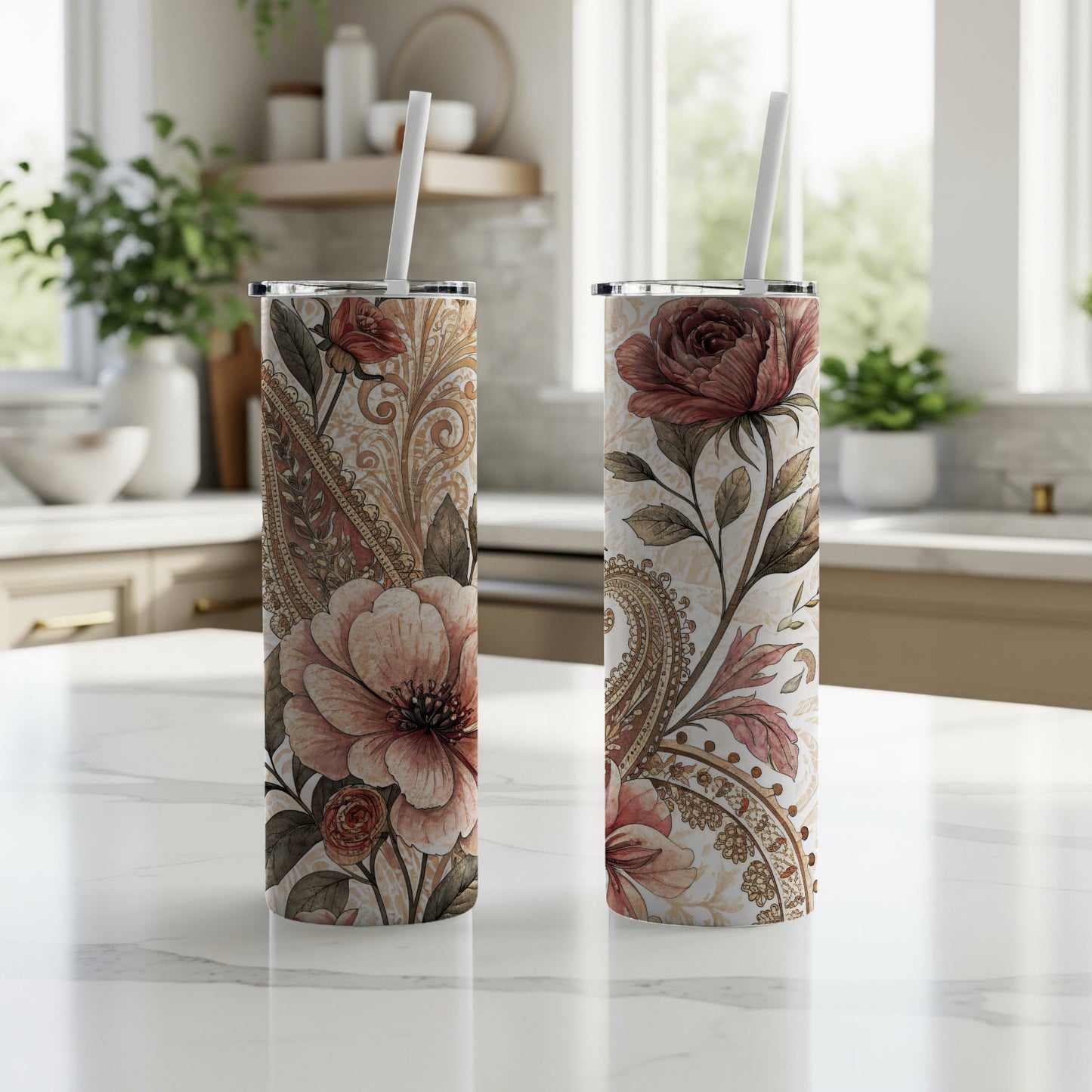 Watercolor Floral Paisley on White 20 oz Skinny Tumbler - Walk Greener
