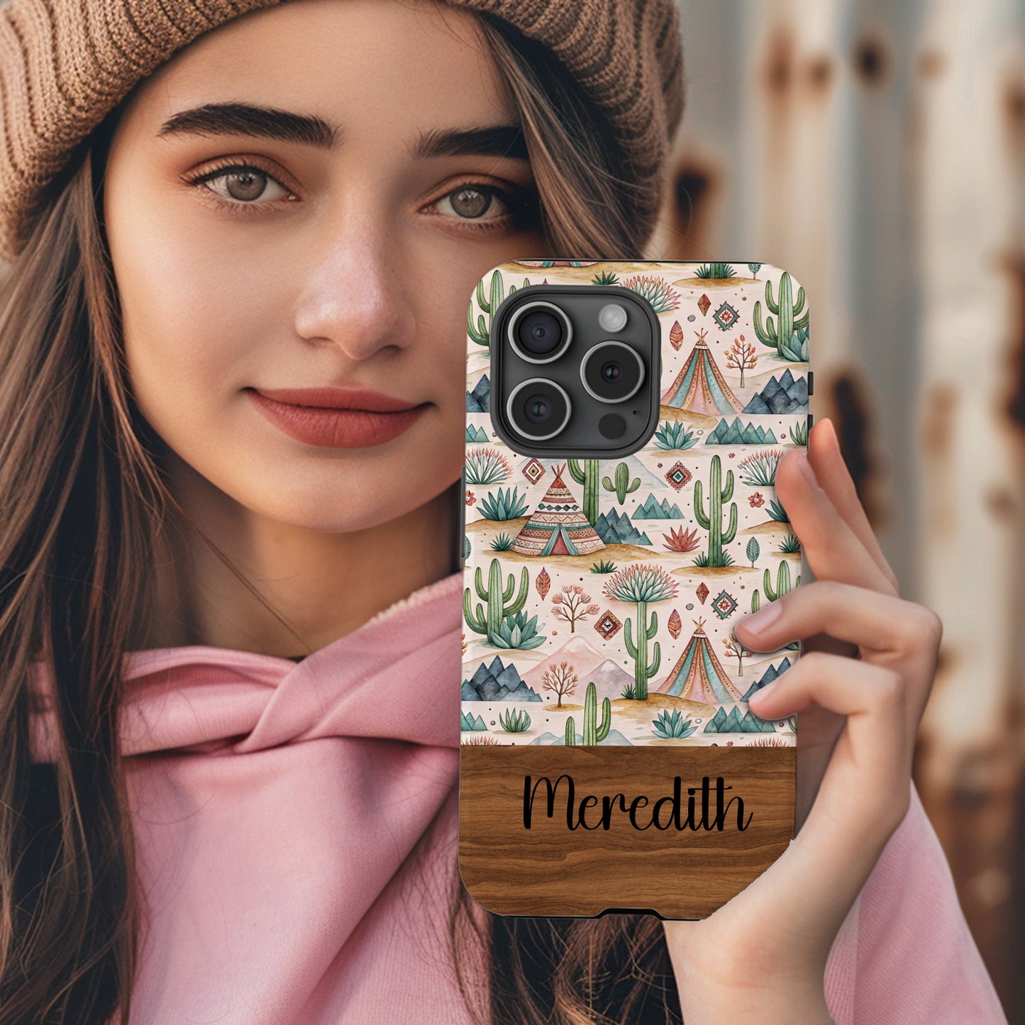 Personalized Boho Cactus iPhone Case with Name Meredith
