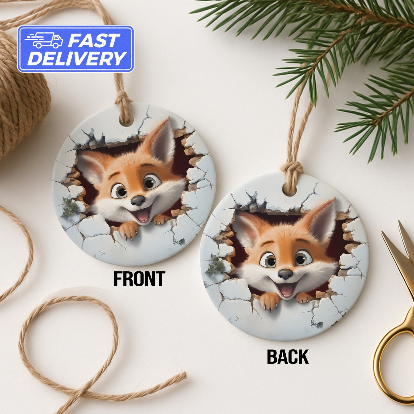 Cute Orange Fox Cracked Wall Christmas Ornament product