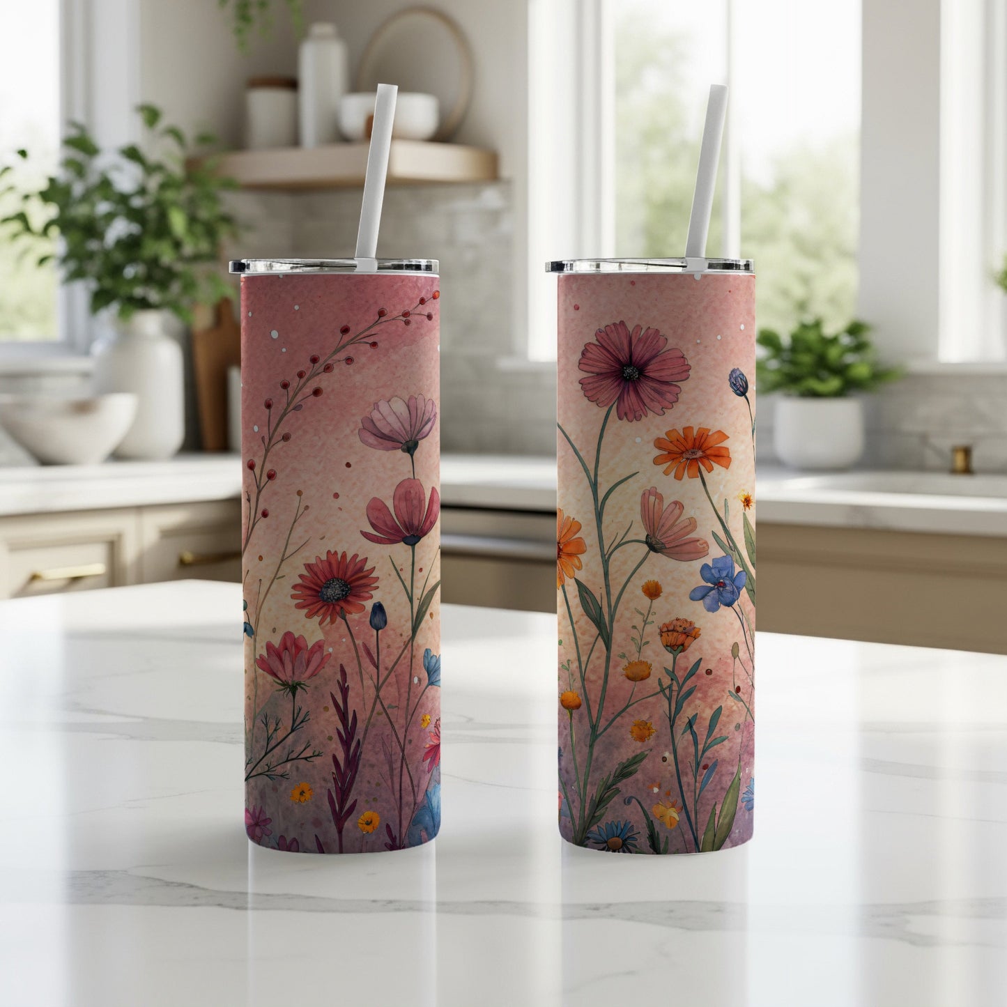 Watercolor Wildflowers Design for 20 oz Skinny Tumbler - Walk Greener