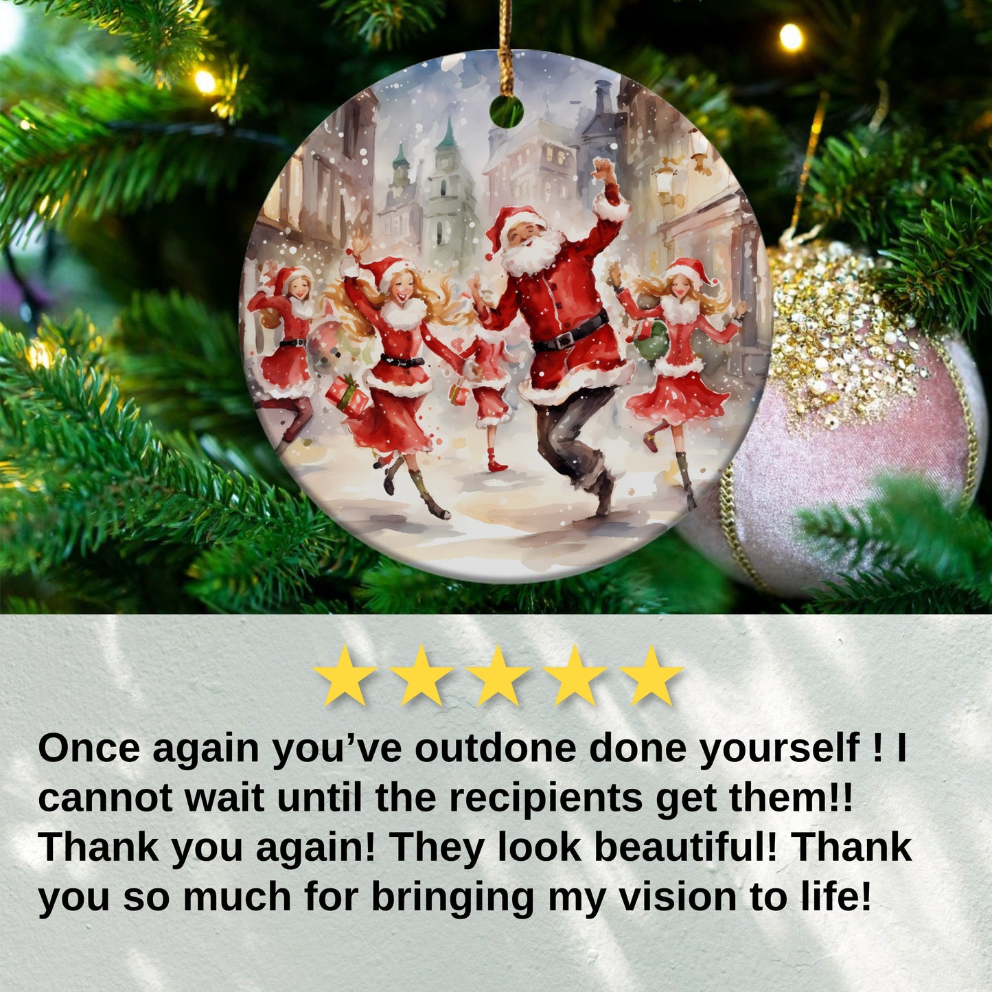 Festive Santa and Dancers Round Ornament product