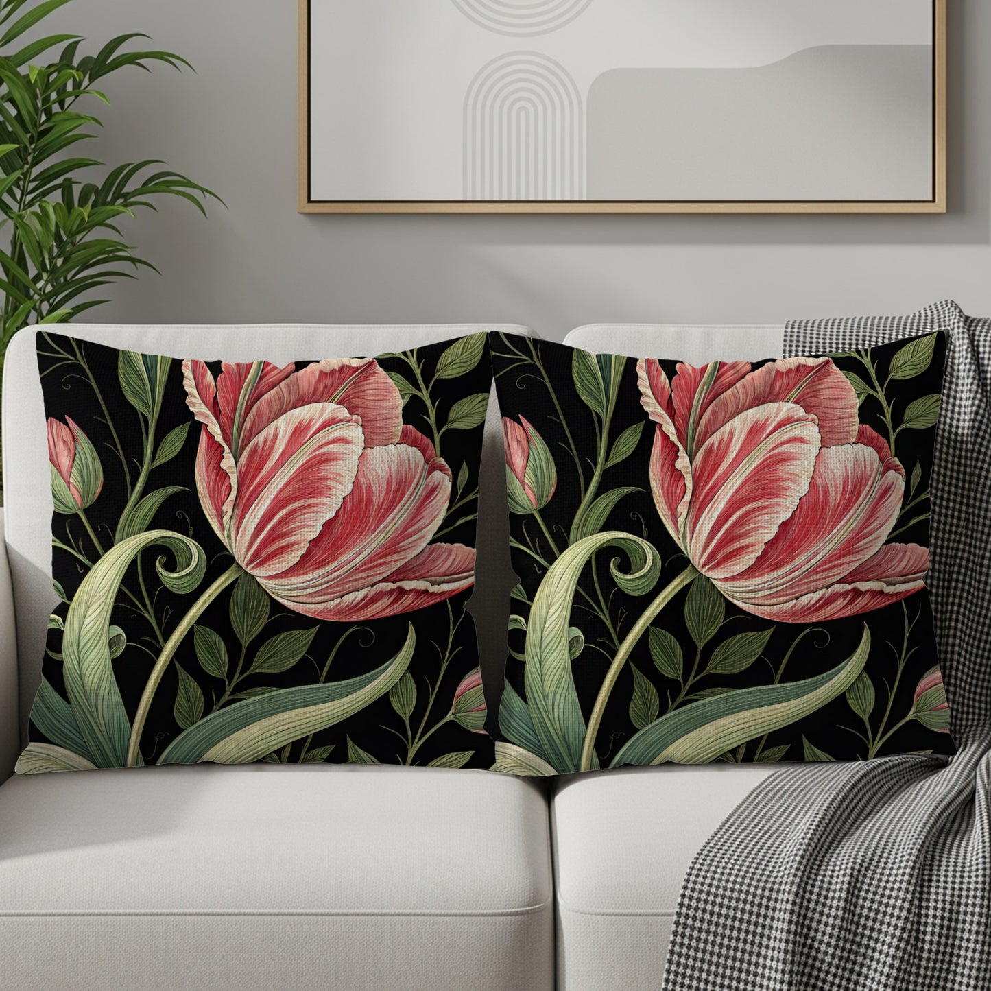 Red White Tulips a Dark Backdrop Decorative Floral Throw Pillows - Walk Greener