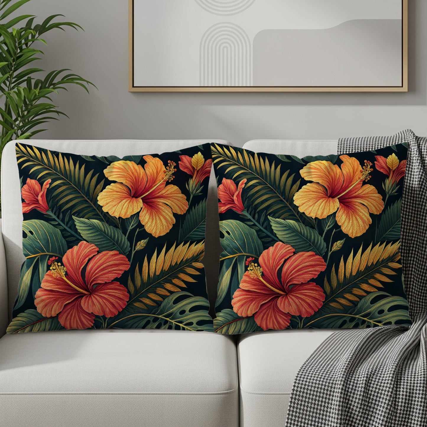Tropical Hibiscus Floral Leaves Print Decorative Floral Throw Pillows - Walk Greener