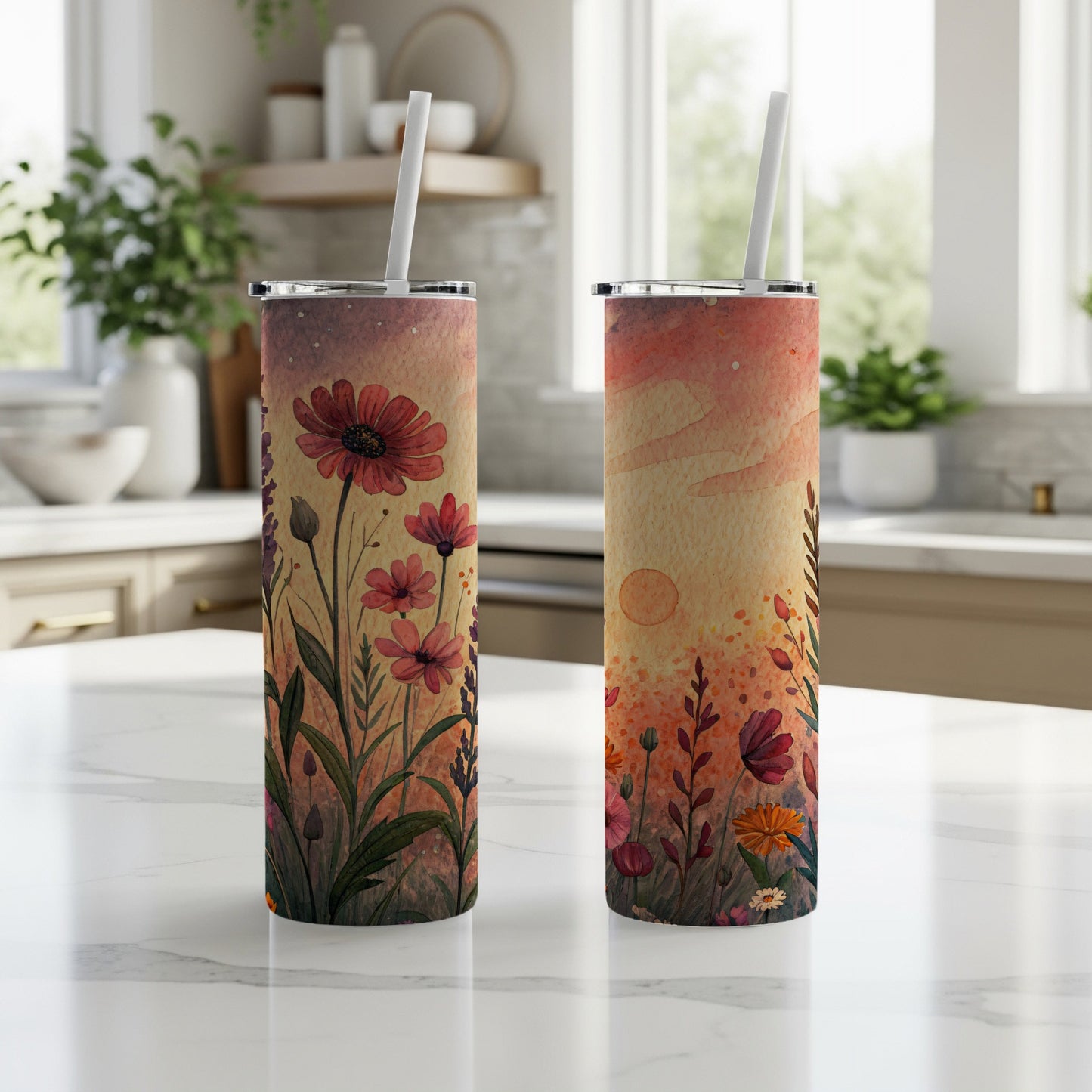 Watercolor Wildflower Meadow at Sunset 20 oz Skinny Tumbler - Walk Greener