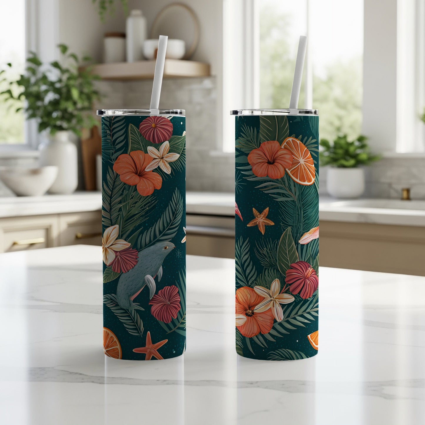 Tropical Floral Design Insulated Tumbler With Straw