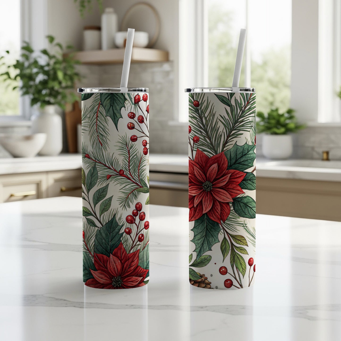 Festive Holiday Floral Design Tall Tumbler with Straw