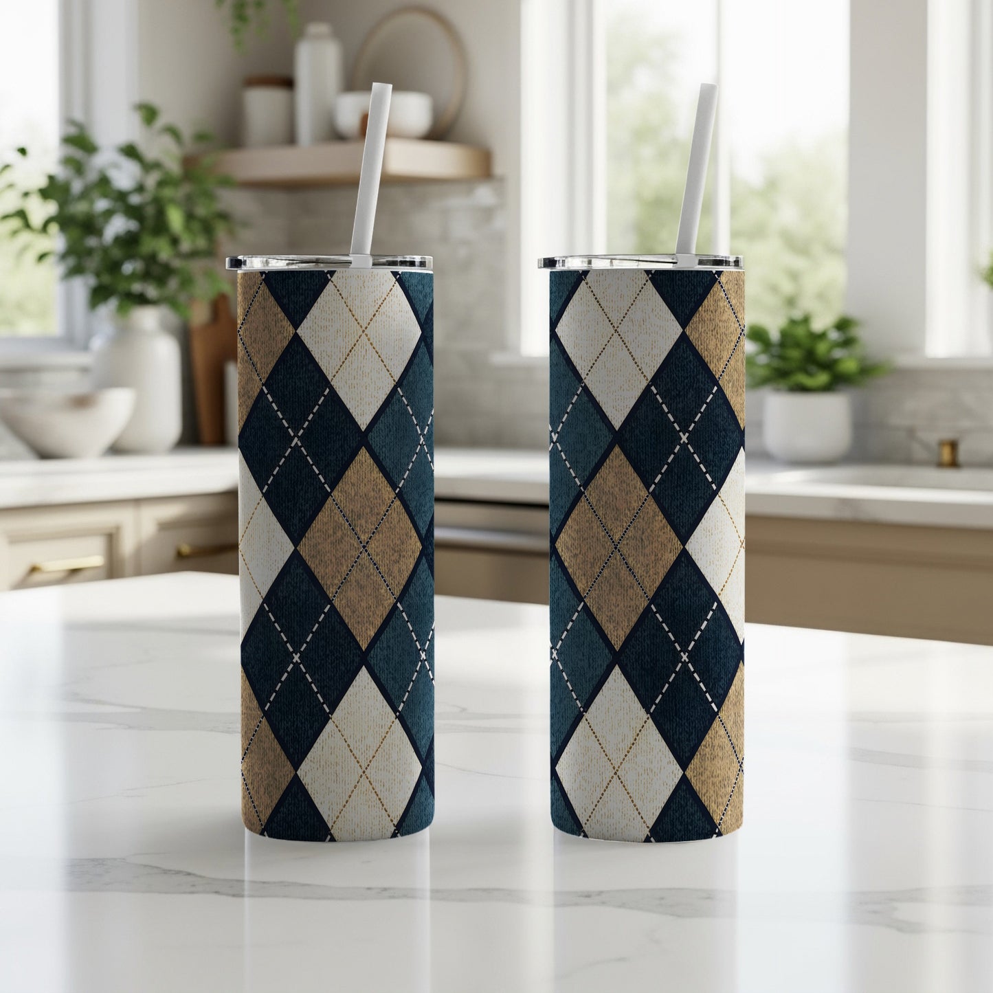Stylish Argyle Pattern Tumbler with Straw Tumblers