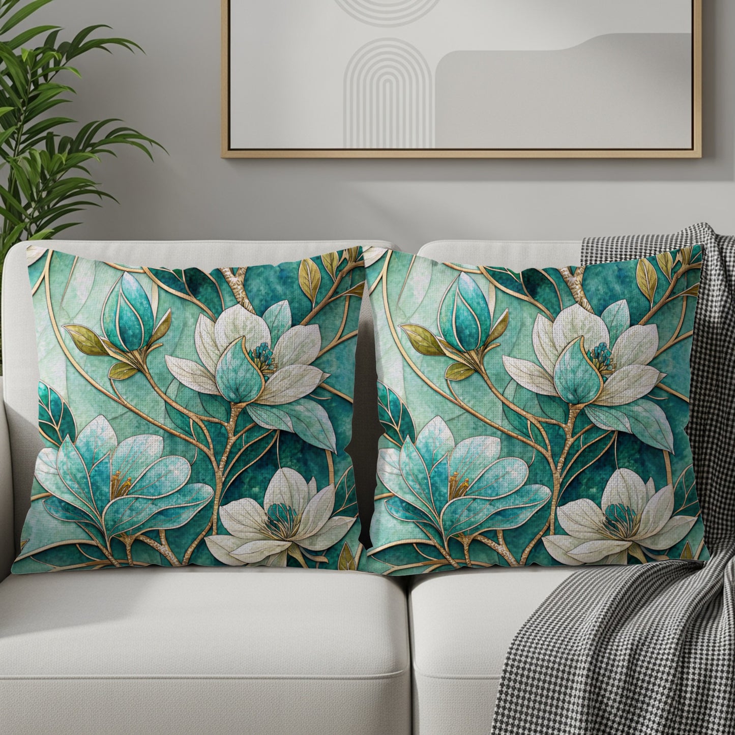 Elegant Floral Mosaic Design on Emerald Green Throw Pillows - Walk Greener