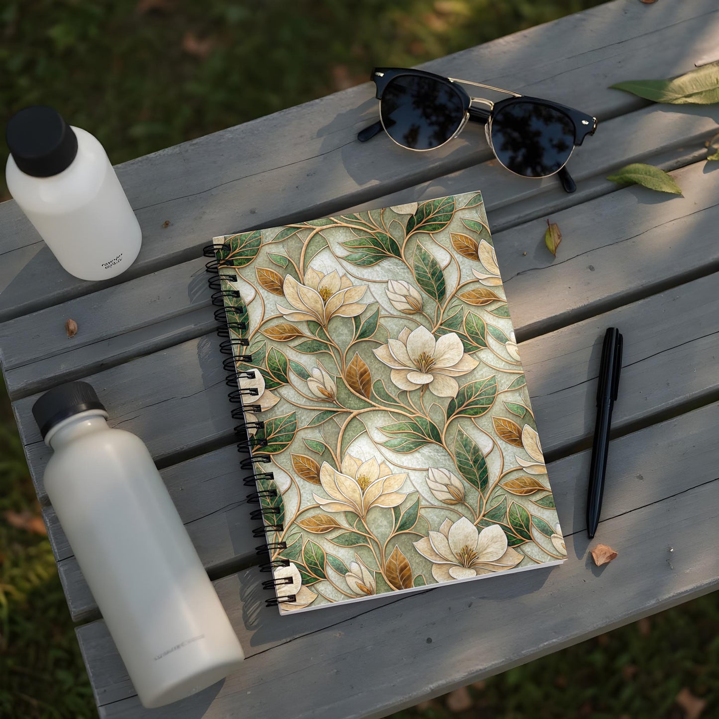 Elegant Floral Green Brown Spiral Bound Notebook