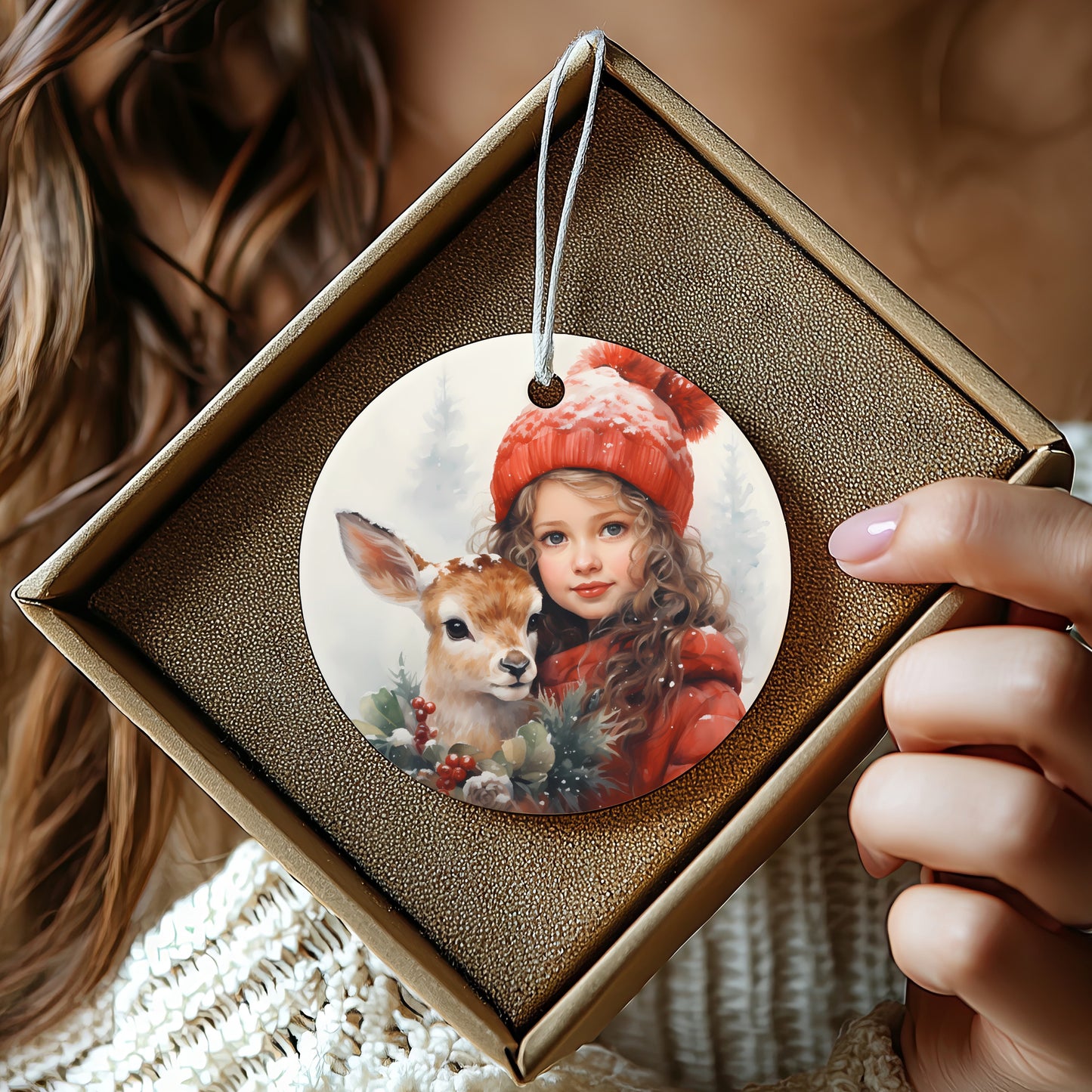 Festive Ornament with Girl and Deer Christmas Product