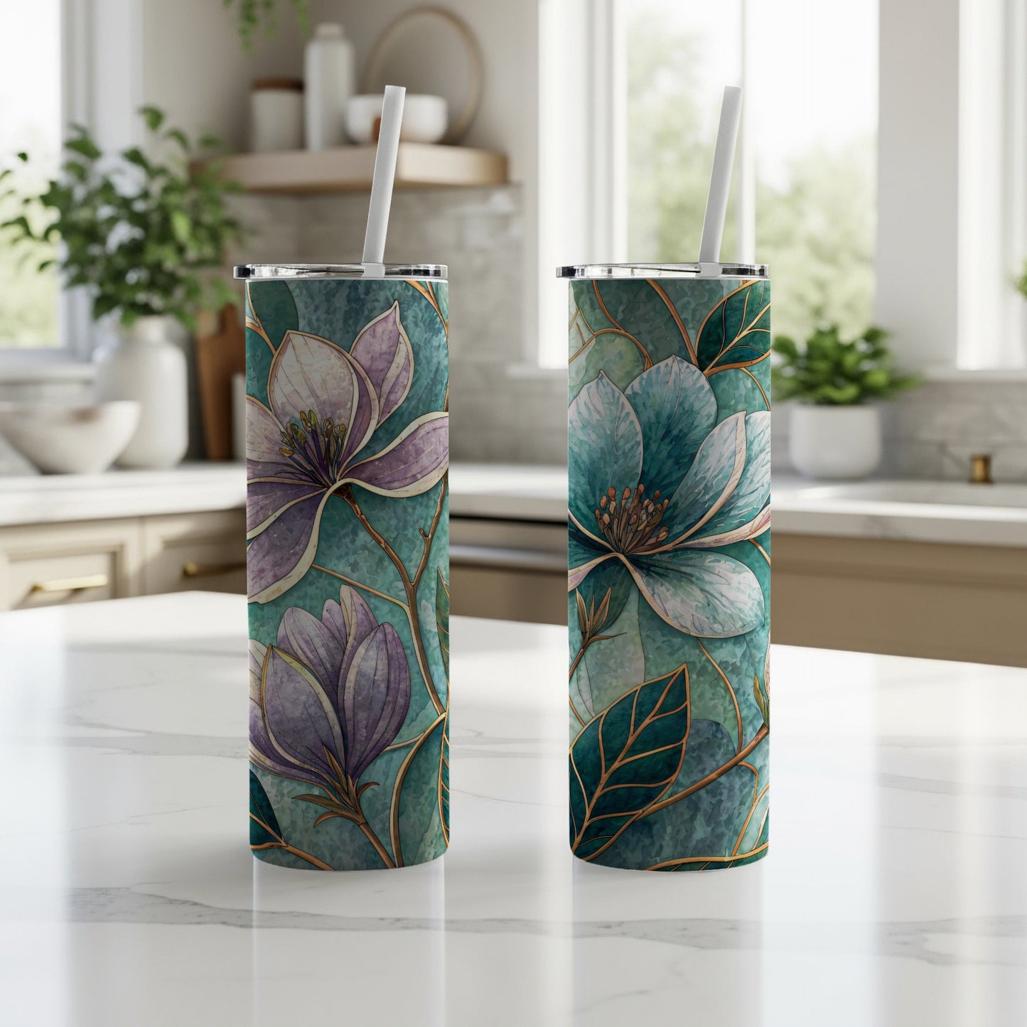 Magnolia Floral Watercolor Teal Background 20 oz Skinny Tumbler - Walk Greener