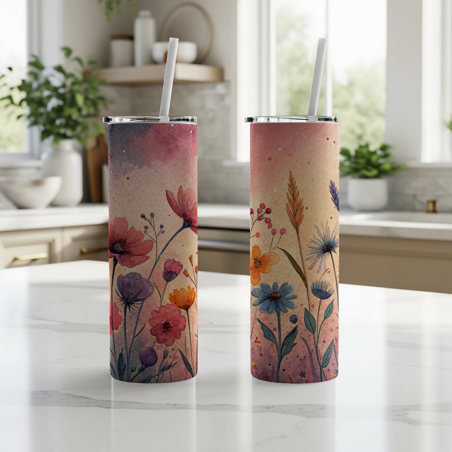 Watercolor Floral Field On Light Pink 20 oz Skinny Tumbler - Walk Greener