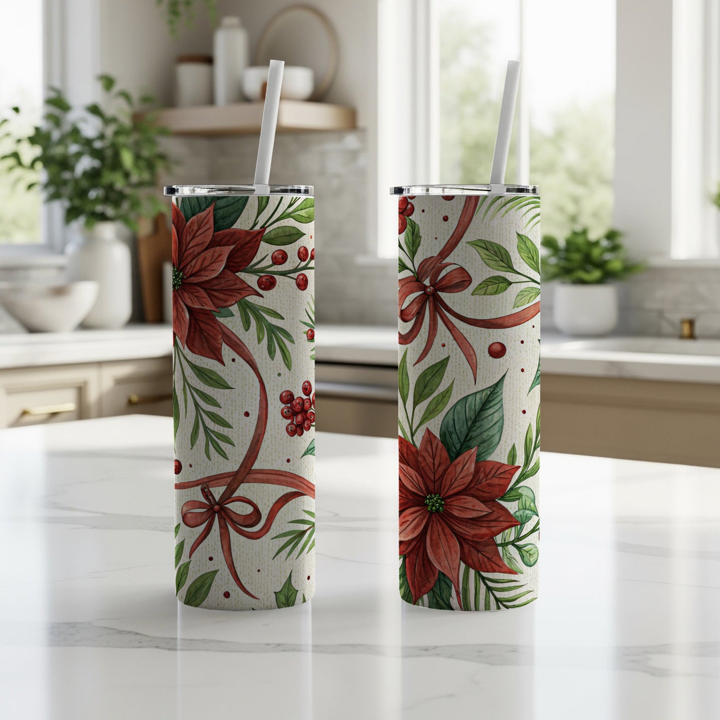Festive Poinsettia and Berries Design Insulated Tumbler
